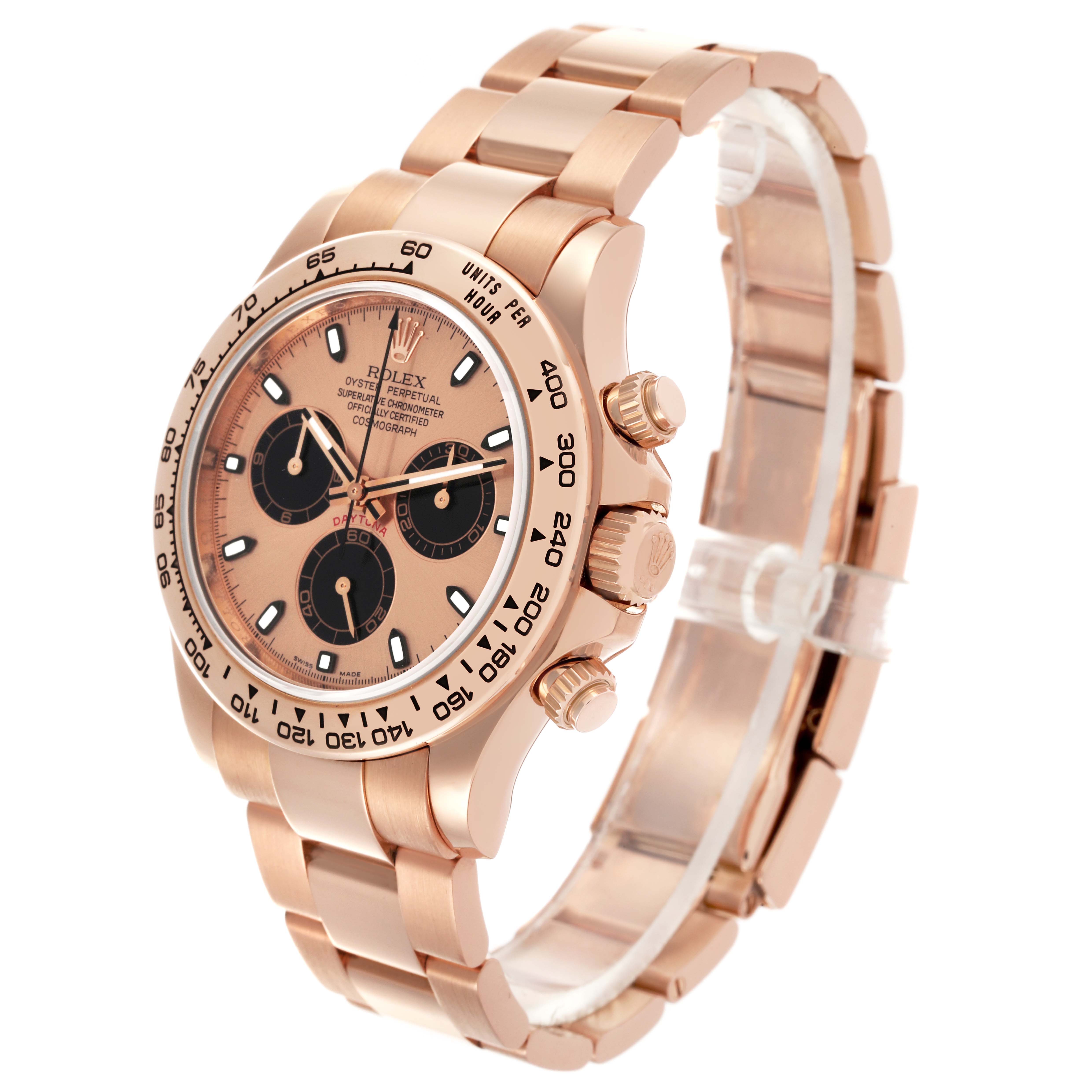 The Rolex Daytona 116505 Men's Rose Gold Champagne Dial 116505 Men's Rose Gold Champagne Dial watch is shown at a three-quarter angle, highlighting the dial, bezel, side buttons, and bracelet.