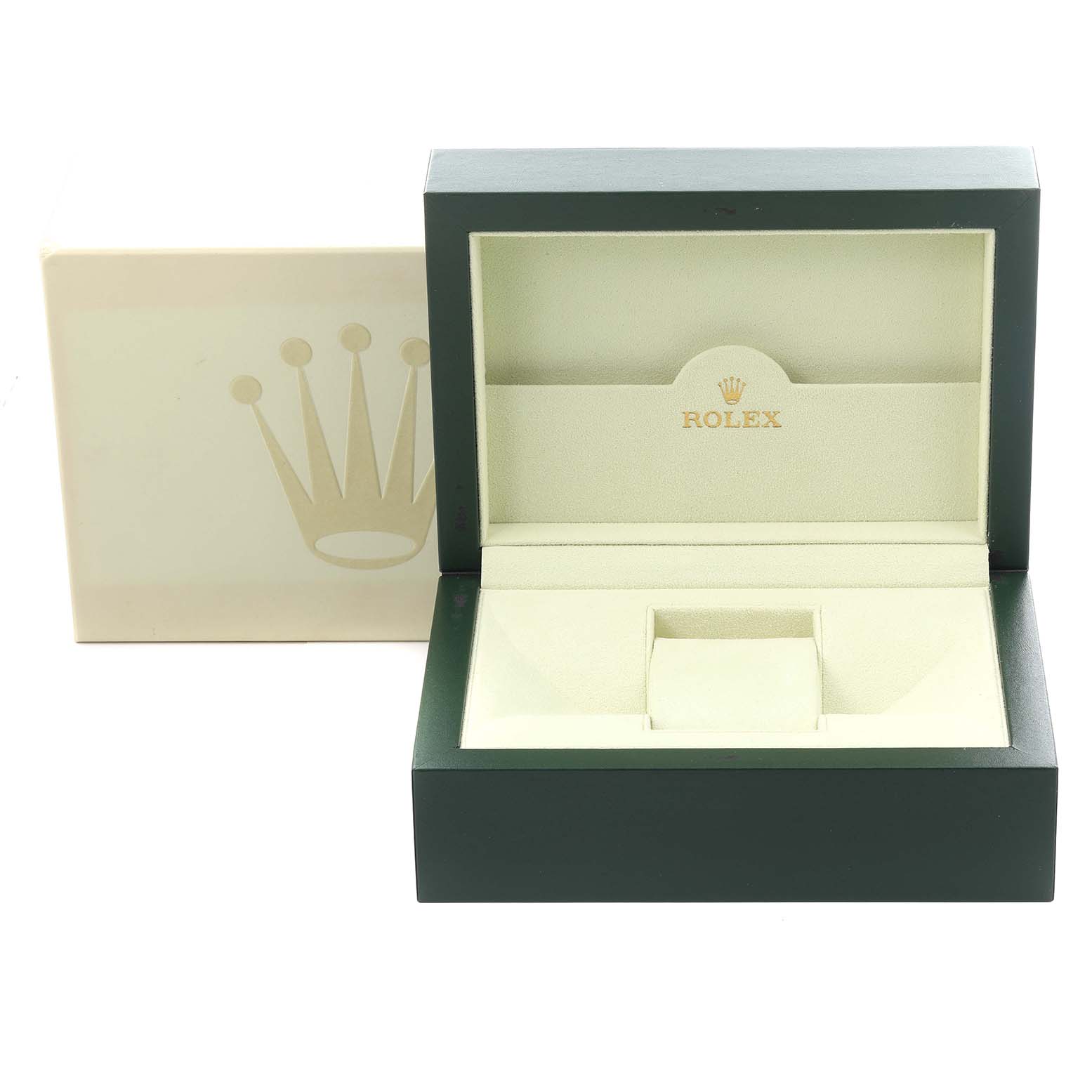 The image shows a Rolex Daytona 116505 Men's Rose Gold Champagne Dial 116505 Men's Rose Gold Champagne Dial watch box opened, displaying its interior from a front angle.