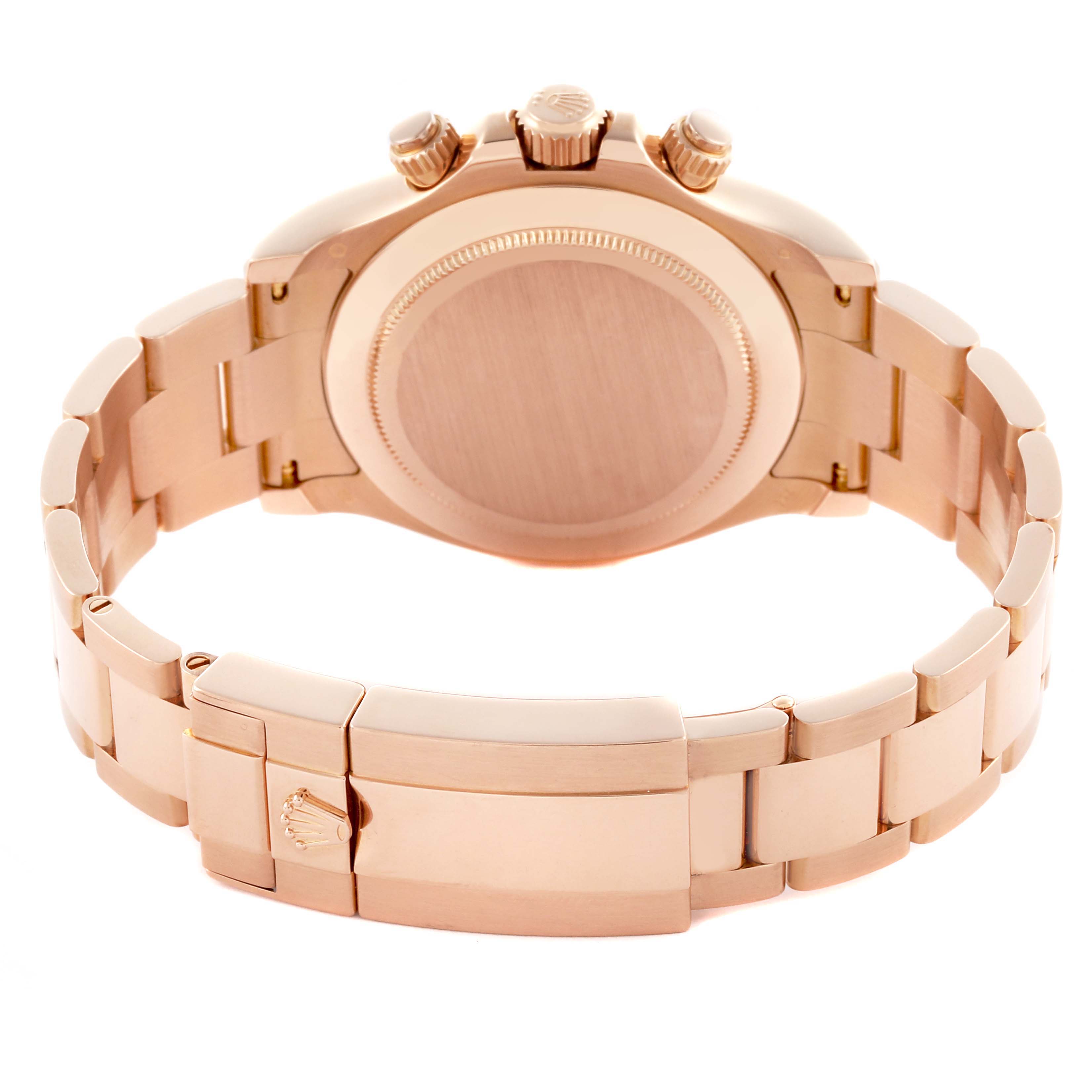 The image shows the back case and bracelet clasp of a Rolex Daytona 116505 Men's Rose Gold Champagne Dial 116505 Men's Rose Gold Champagne Dial watch at a rear angle.