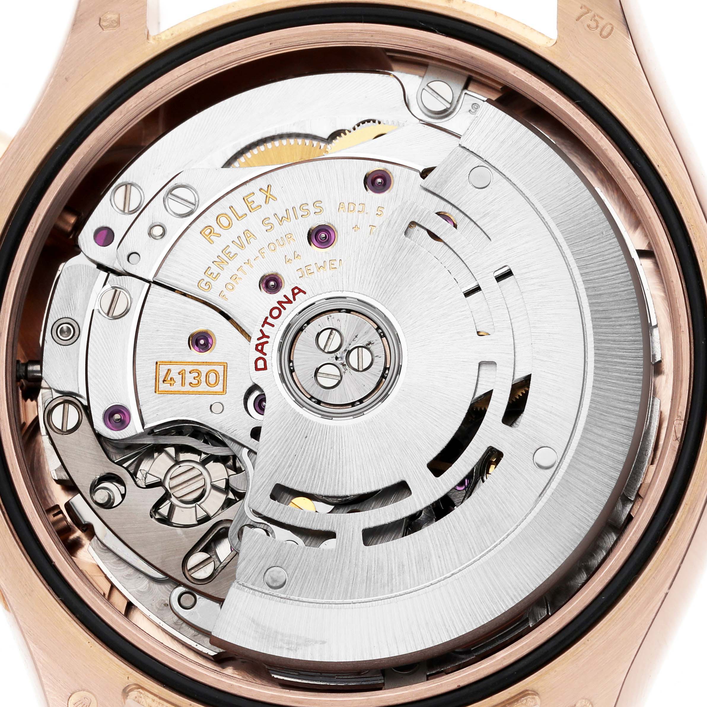 The image shows the inner mechanism of a Rolex Daytona 116505 Men's Rose Gold Champagne Dial 116505 Men's Rose Gold Champagne Dial watch, focusing on the movement parts.