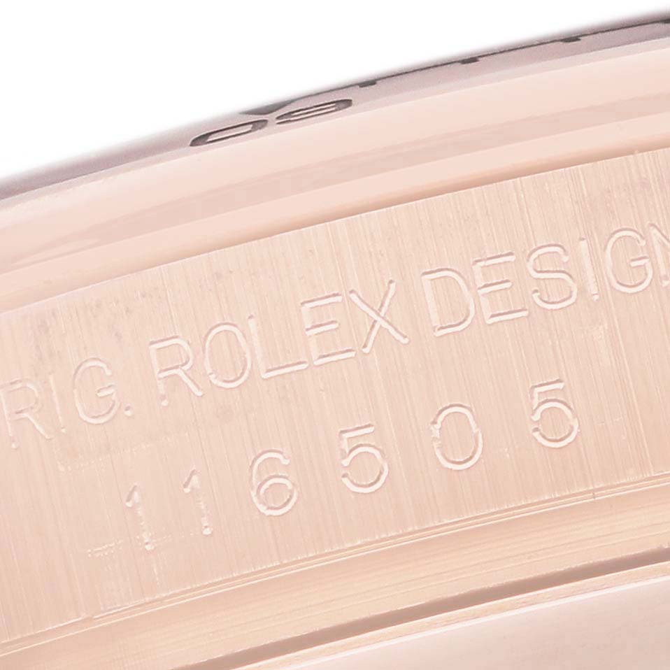 This close-up image shows the engraving on the outer case of a Rolex Daytona 116505 Men's Rose Gold Champagne Dial 116505 Men's Rose Gold Champagne Dial watch, highlighting the model number.
