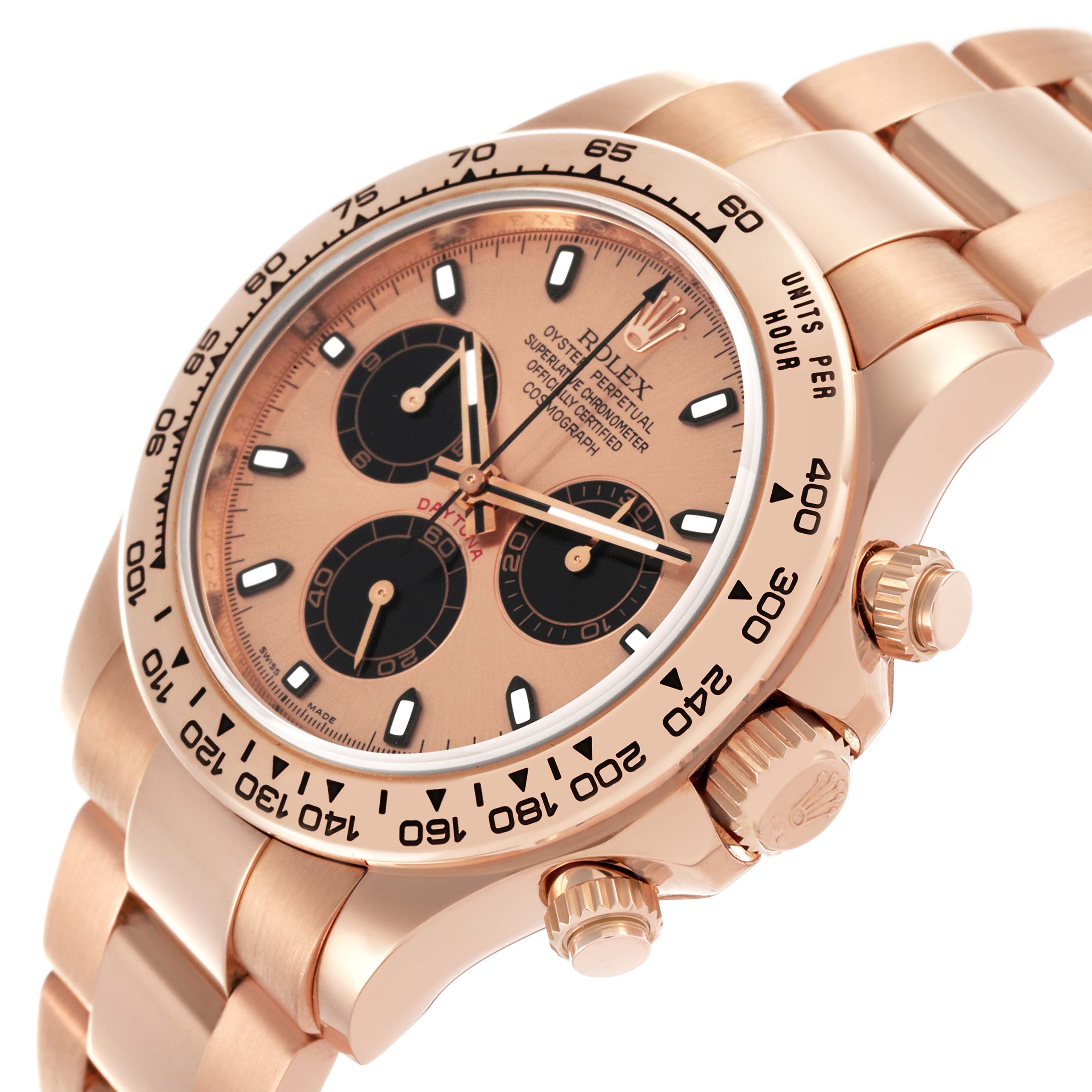 The Rolex Daytona 116505 Men's Rose Gold Champagne Dial 116505 Men's Rose Gold Champagne Dial watch is shown at a slight angle displaying the face, bezel, crown, and part of the bracelet.