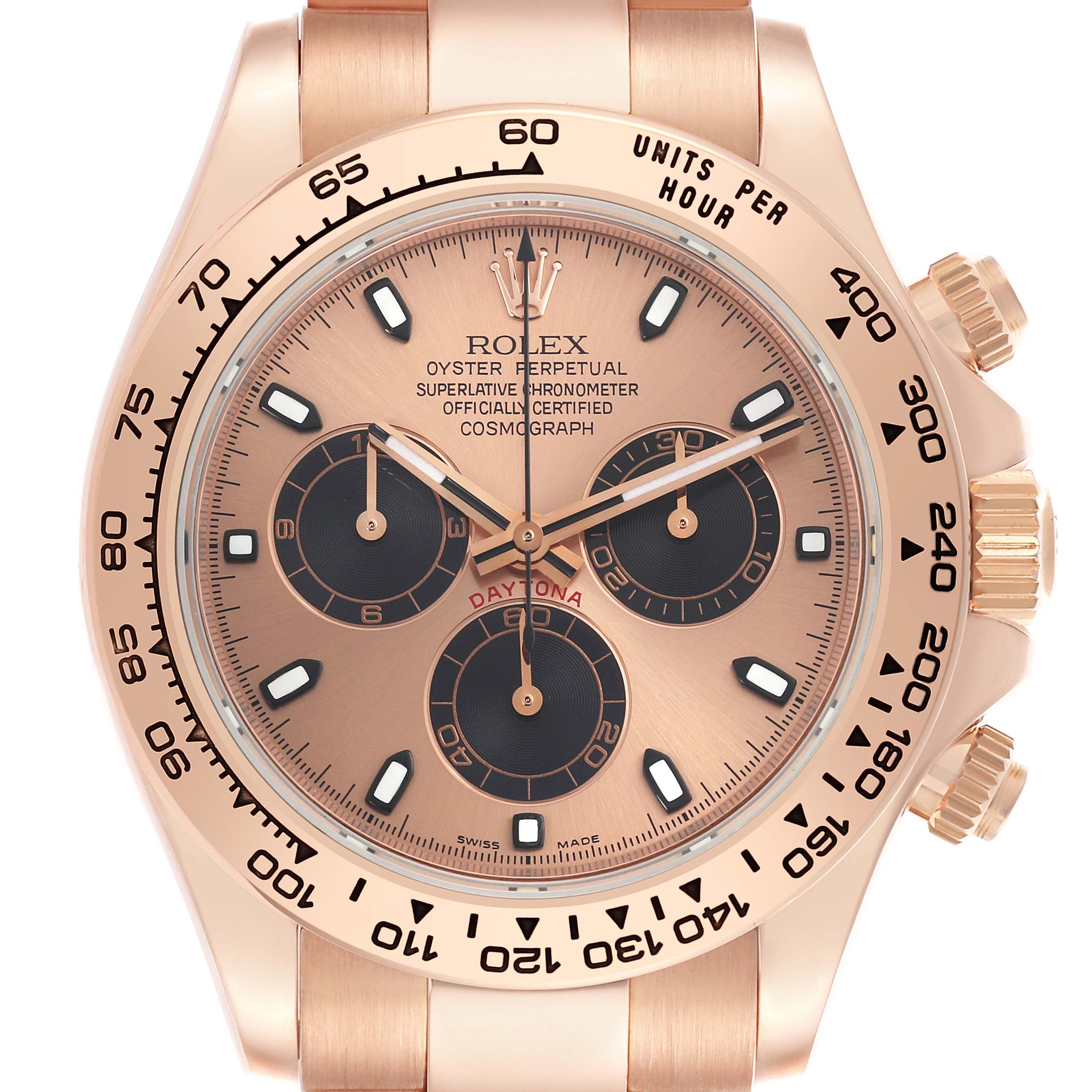 The image shows the front view of a Rolex Daytona 116505 Men's Rose Gold Champagne Dial 116505 Men's Rose Gold Champagne Dial watch, highlighting the dial, bezel, and crown.