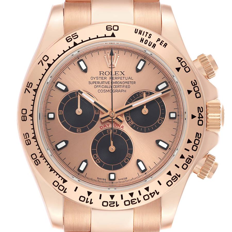 The image shows the front view of a Rolex Daytona watch, highlighting the dial, bezel, and crown.