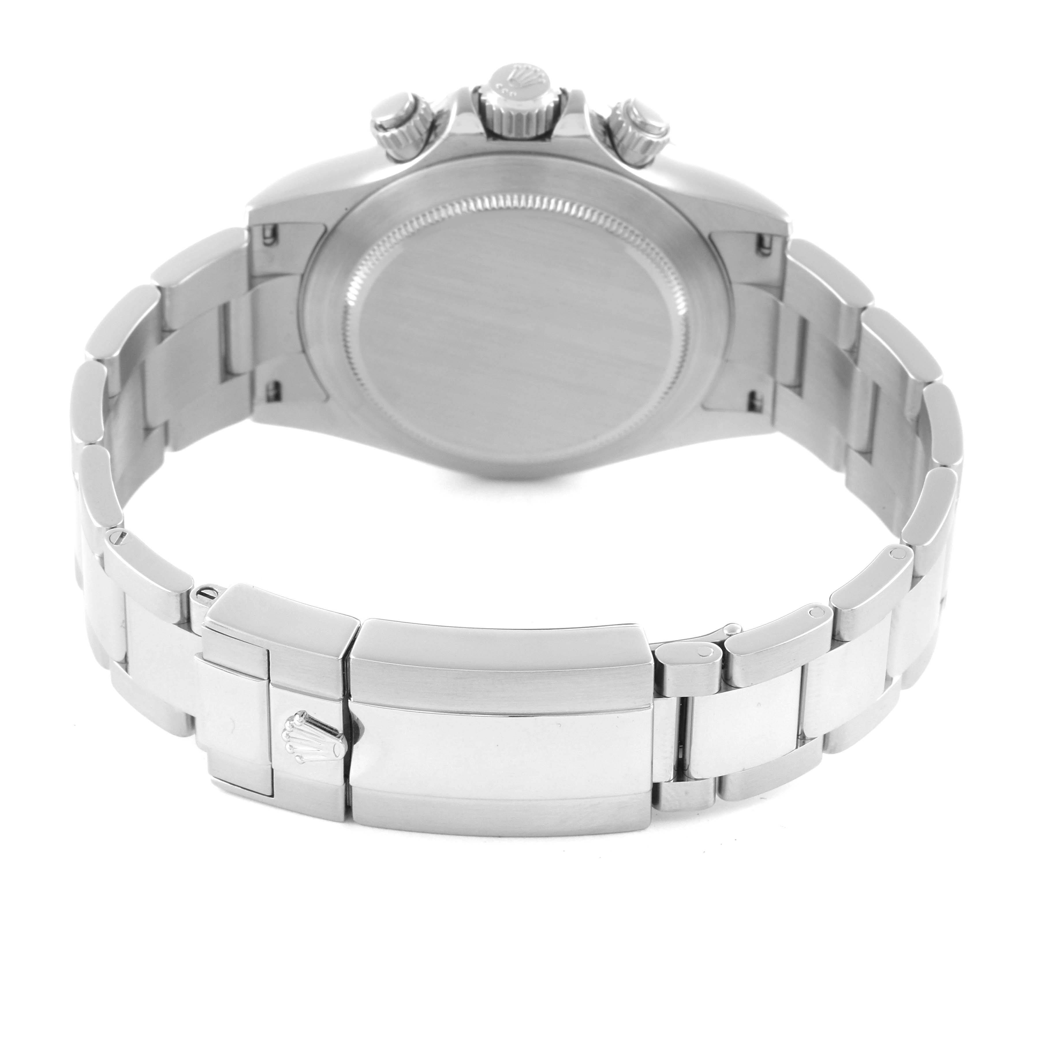 The image shows the Rolex Daytona 116520 Men's Stainless Steel White Dial 116520 Men's Stainless Steel White Dial watch from the back, highlighting the clasp, bracelet, and case back.