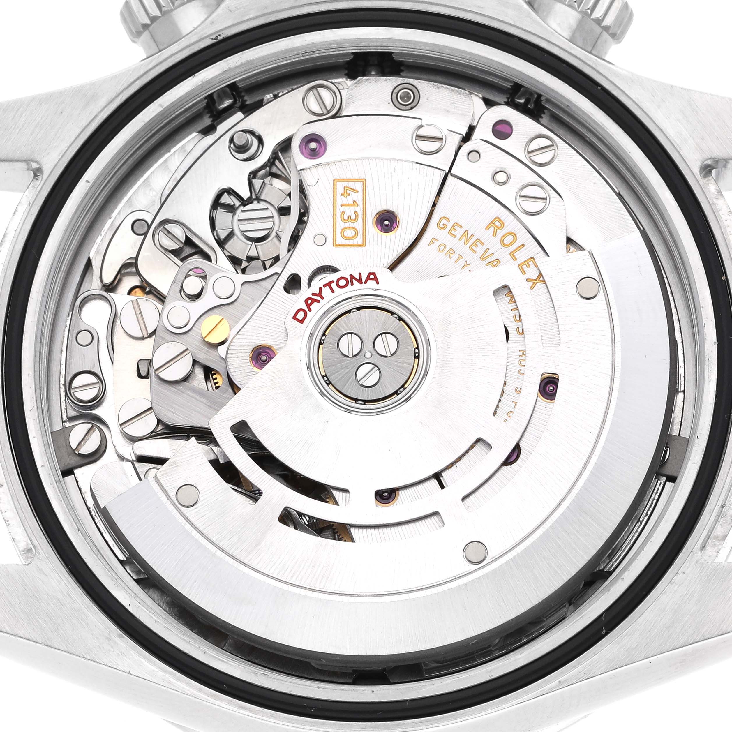 The image shows the movement mechanism of a Rolex Daytona 116520 Men's Stainless Steel White Dial 116520 Men's Stainless Steel White Dial watch from a back view, revealing its intricate components.