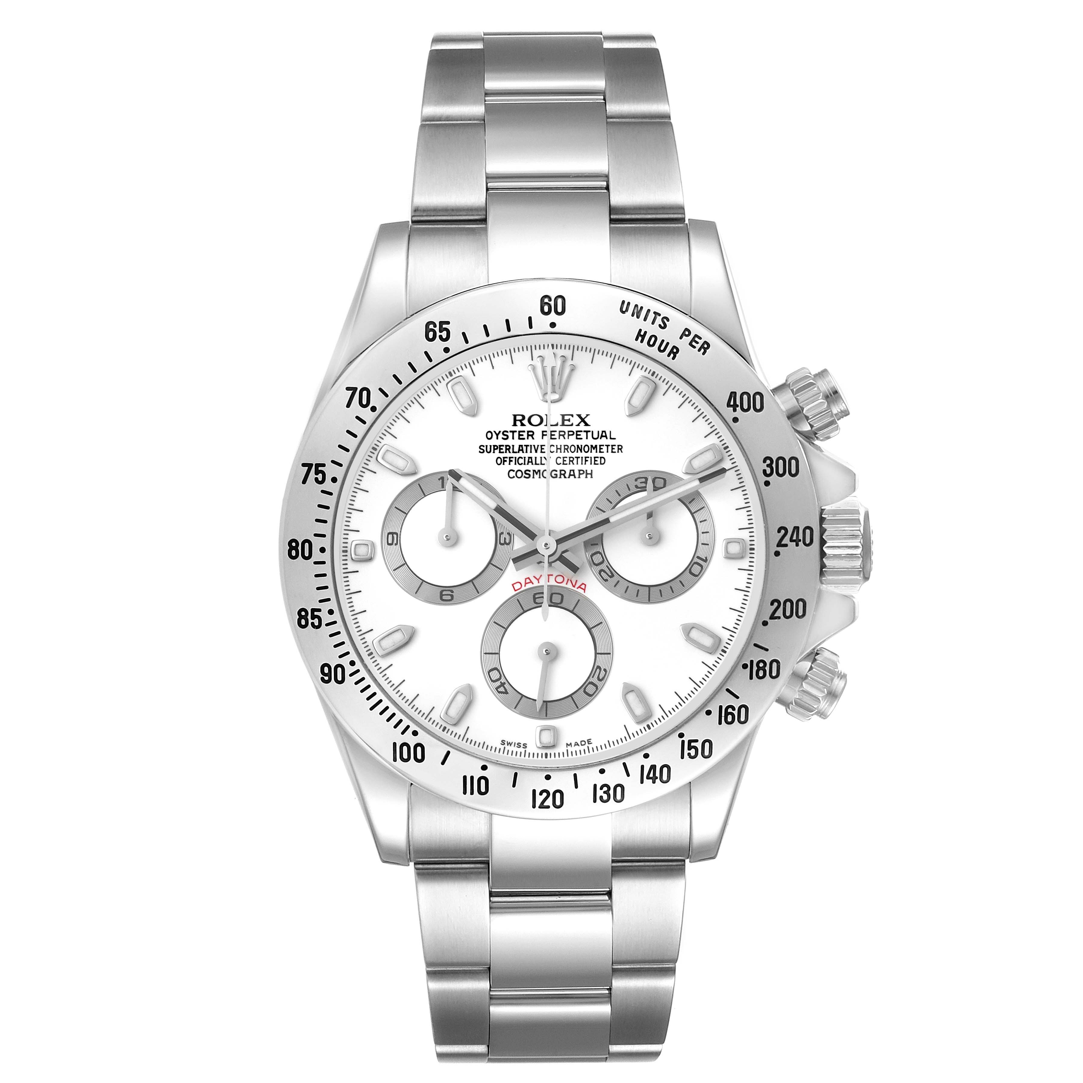 The Rolex Daytona 116520 Men's Stainless Steel White Dial 116520 Men's Stainless Steel White Dial watch is shown from a front view, highlighting the dial, bezel, bracelet, and crown.