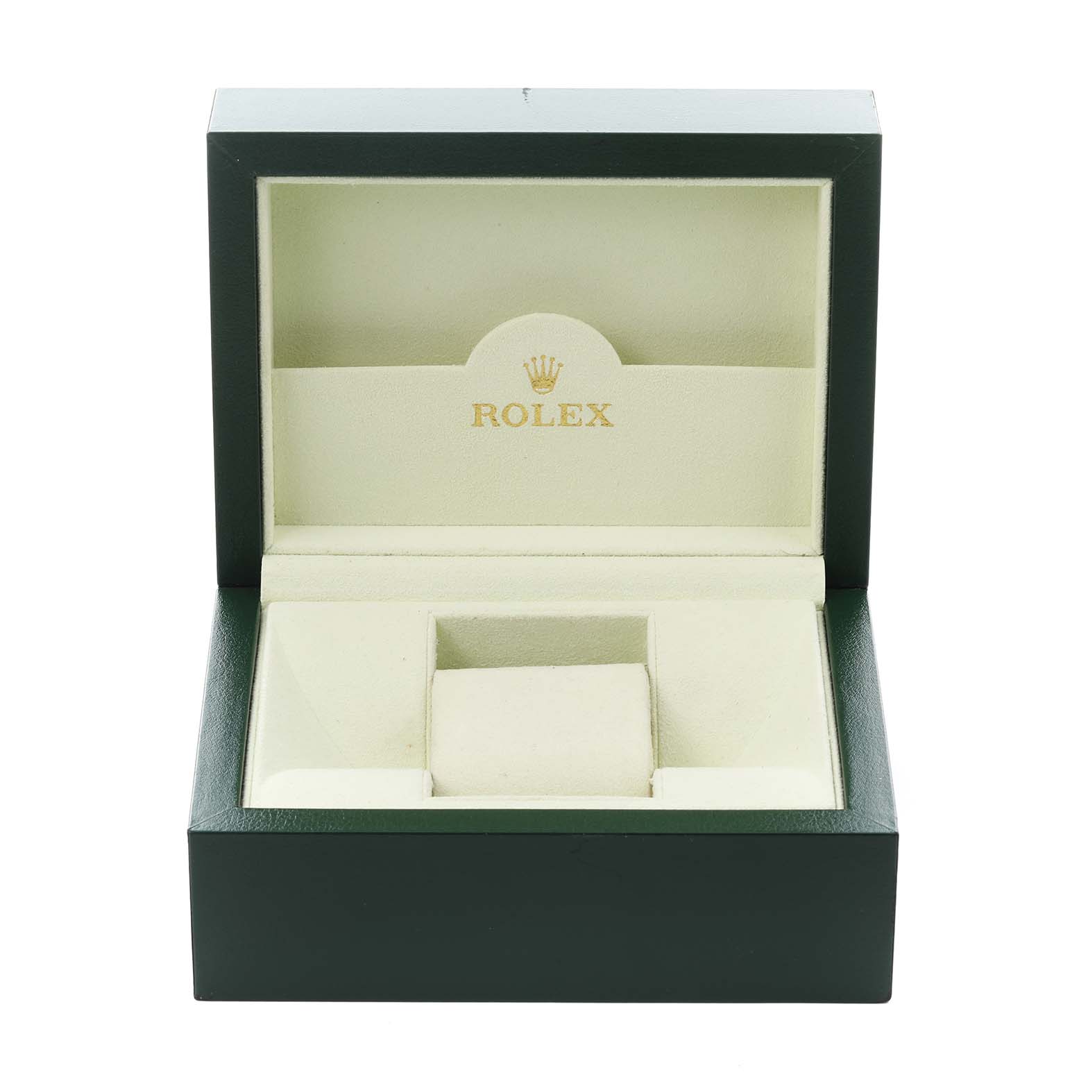 The image shows an open Rolex watch box for the Daytona model, viewed from the front.