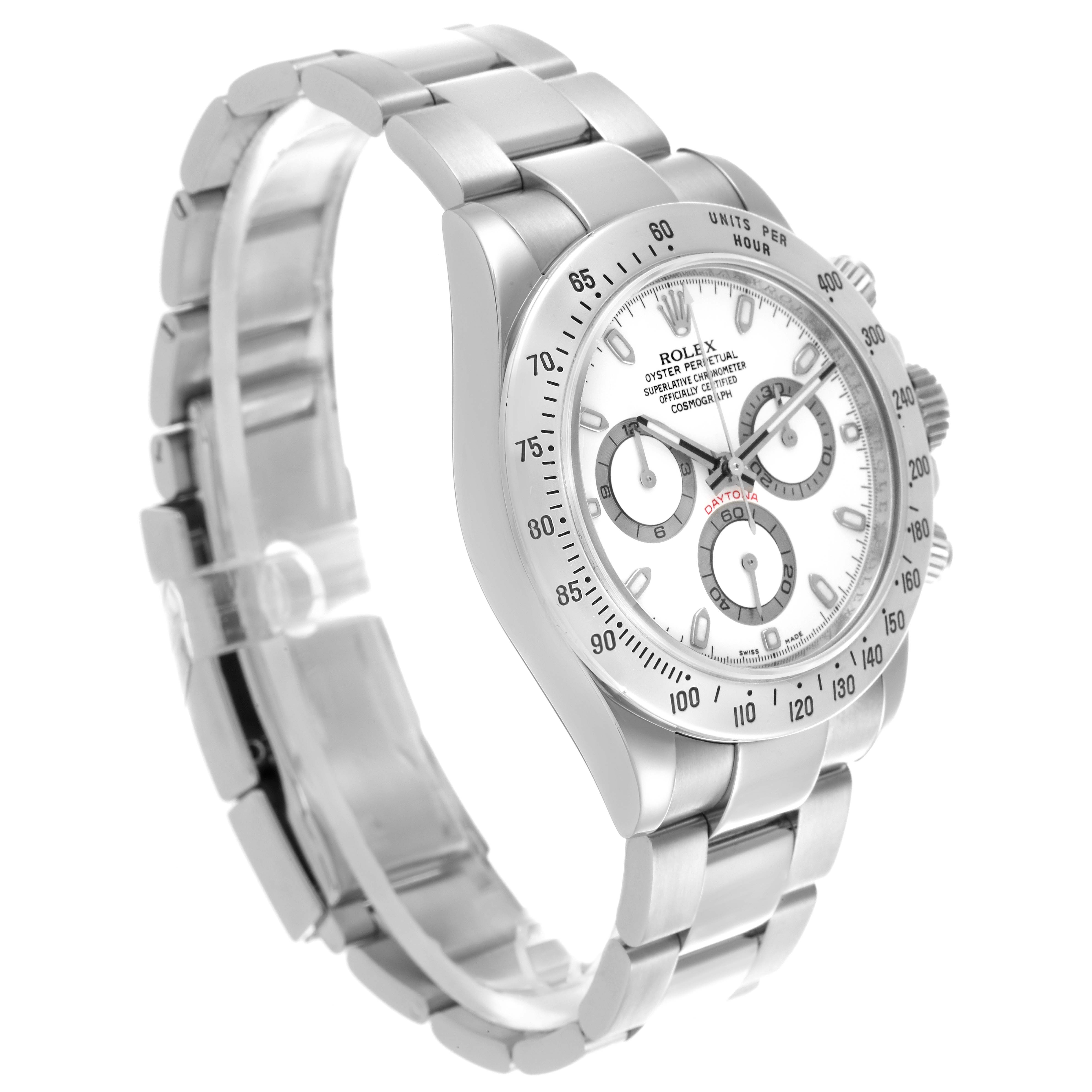 The Rolex Daytona 116520 Men's Stainless Steel White Dial 116520 Men's Stainless Steel White Dial watch is shown at a three-quarter angle, highlighting the face, bezel, and bracelet.
