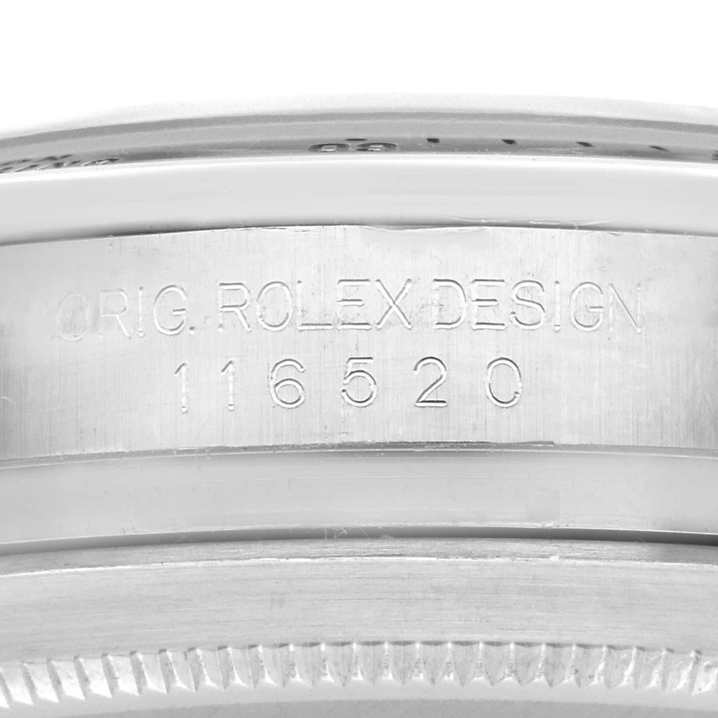 The image shows a close-up of the side engraving on a Rolex Daytona 116520 Men's Stainless Steel White Dial 116520 Men's Stainless Steel White Dial, featuring the model number.