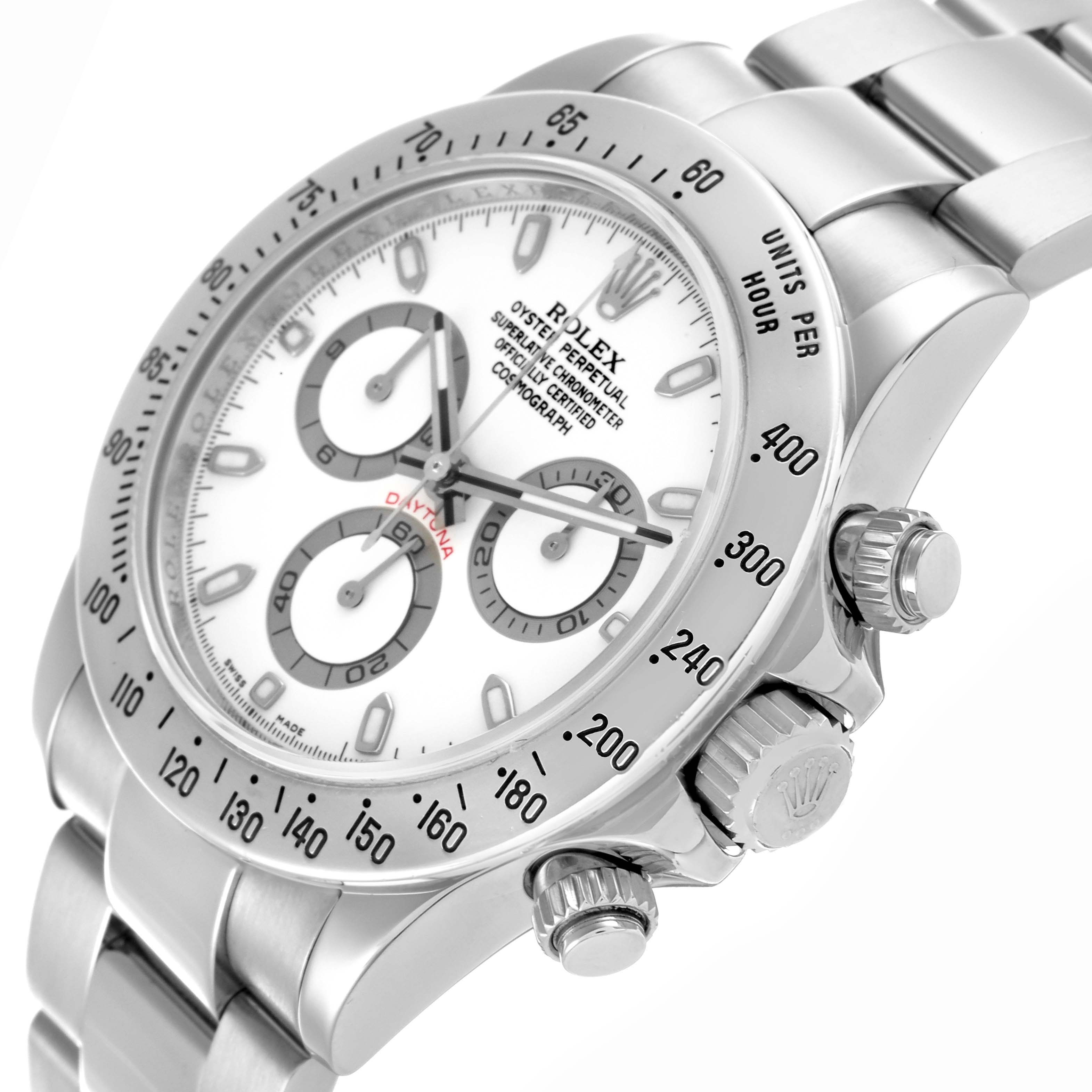 The Rolex Daytona 116520 Men's Stainless Steel White Dial 116520 Men's Stainless Steel White Dial watch is shown at a tilted angle, displaying the bezel, dial, pushers, and part of the bracelet.