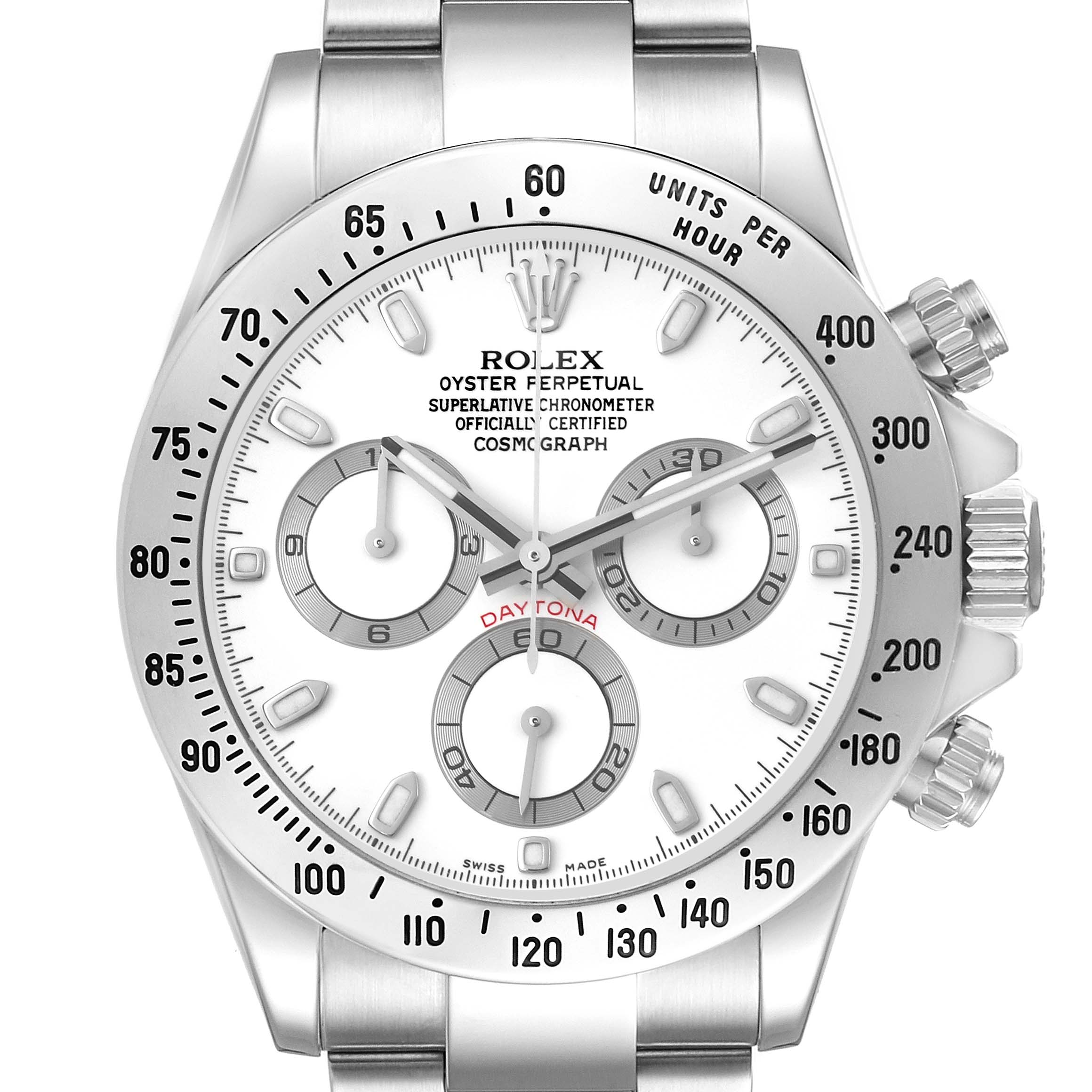 The image shows a front view of the Rolex Daytona 116520 Men's Stainless Steel White Dial 116520 Men's Stainless Steel White Dial, highlighting the face, bezel, crown, and chronograph subdials.