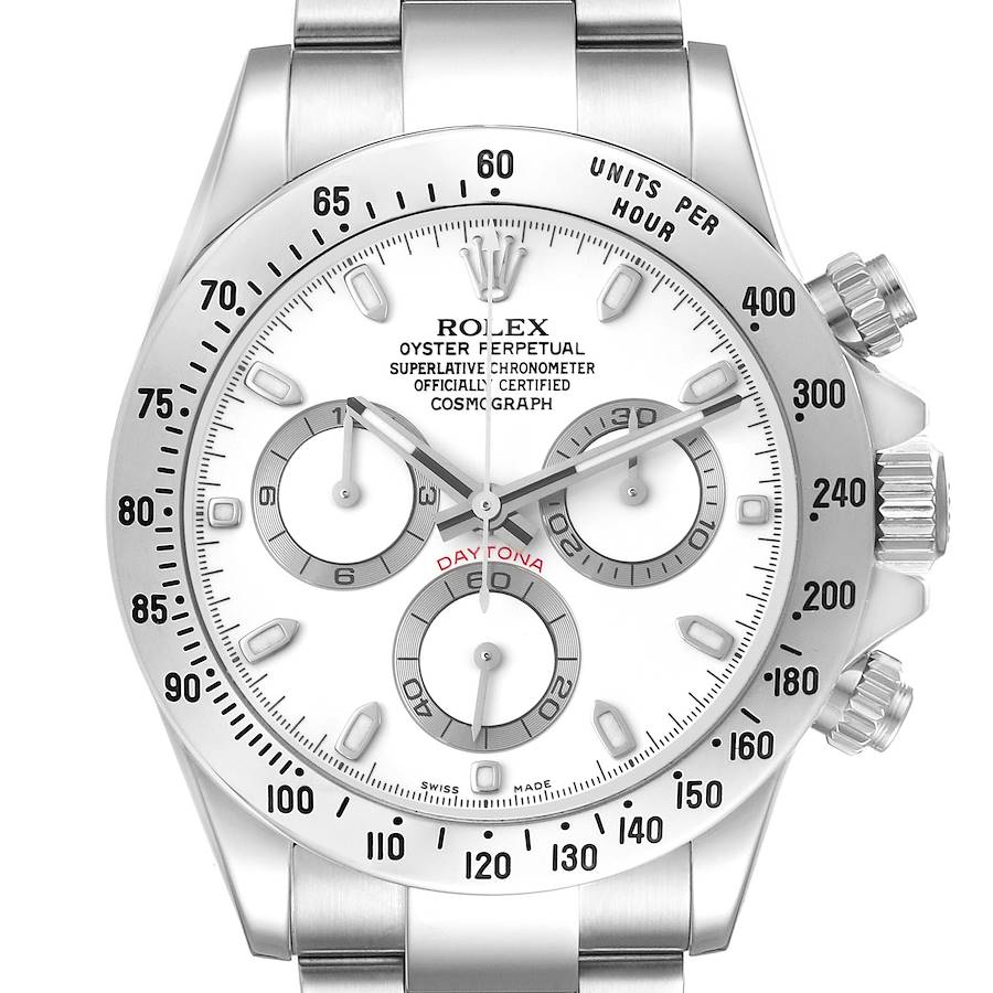 The image shows a front view of the Rolex Daytona, highlighting the face, bezel, crown, and chronograph subdials.