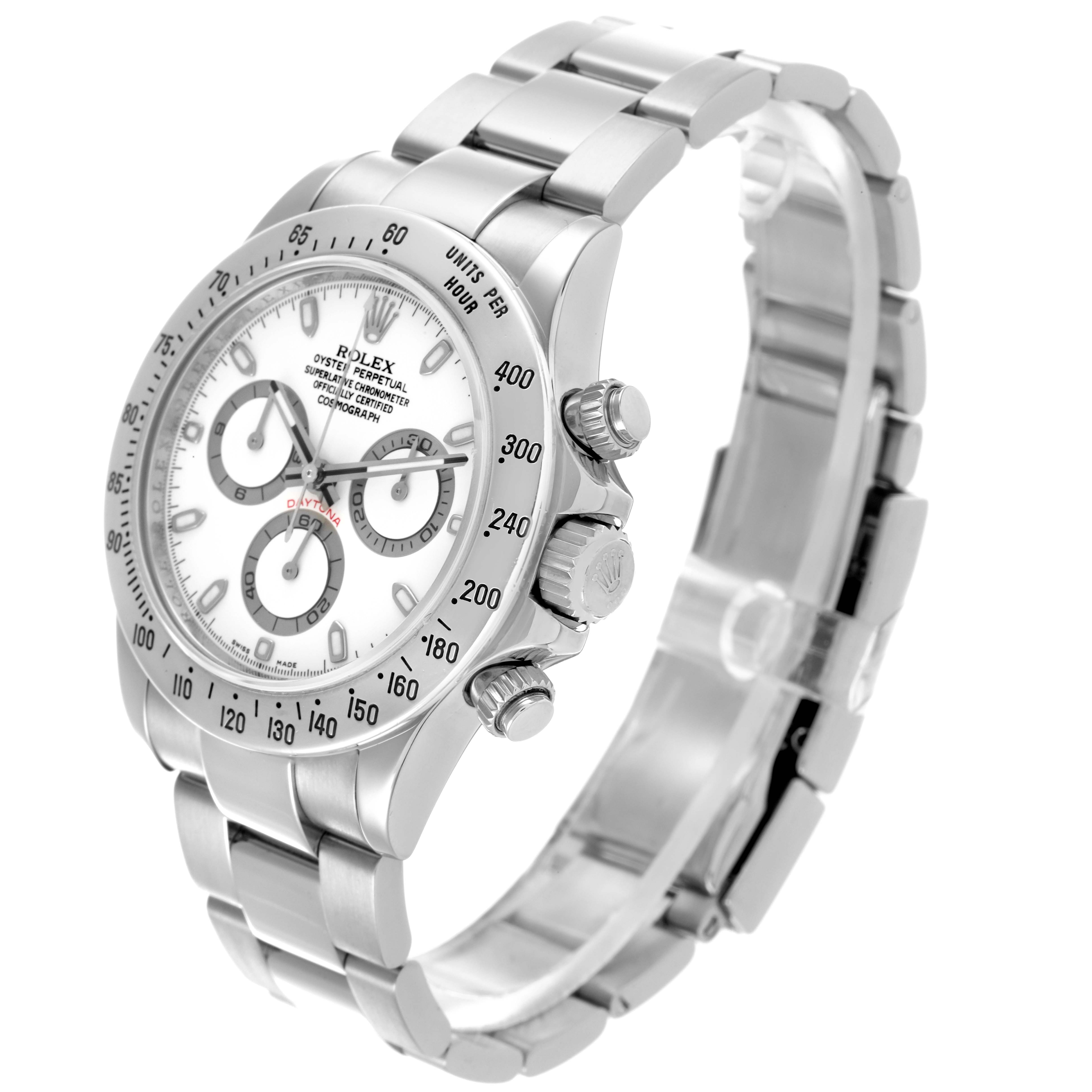 The Rolex Daytona 116520 Men's Stainless Steel White Dial 116520 Men's Stainless Steel White Dial watch is shown at a slight angle highlighting the face, bezel, crown, and bracelet.