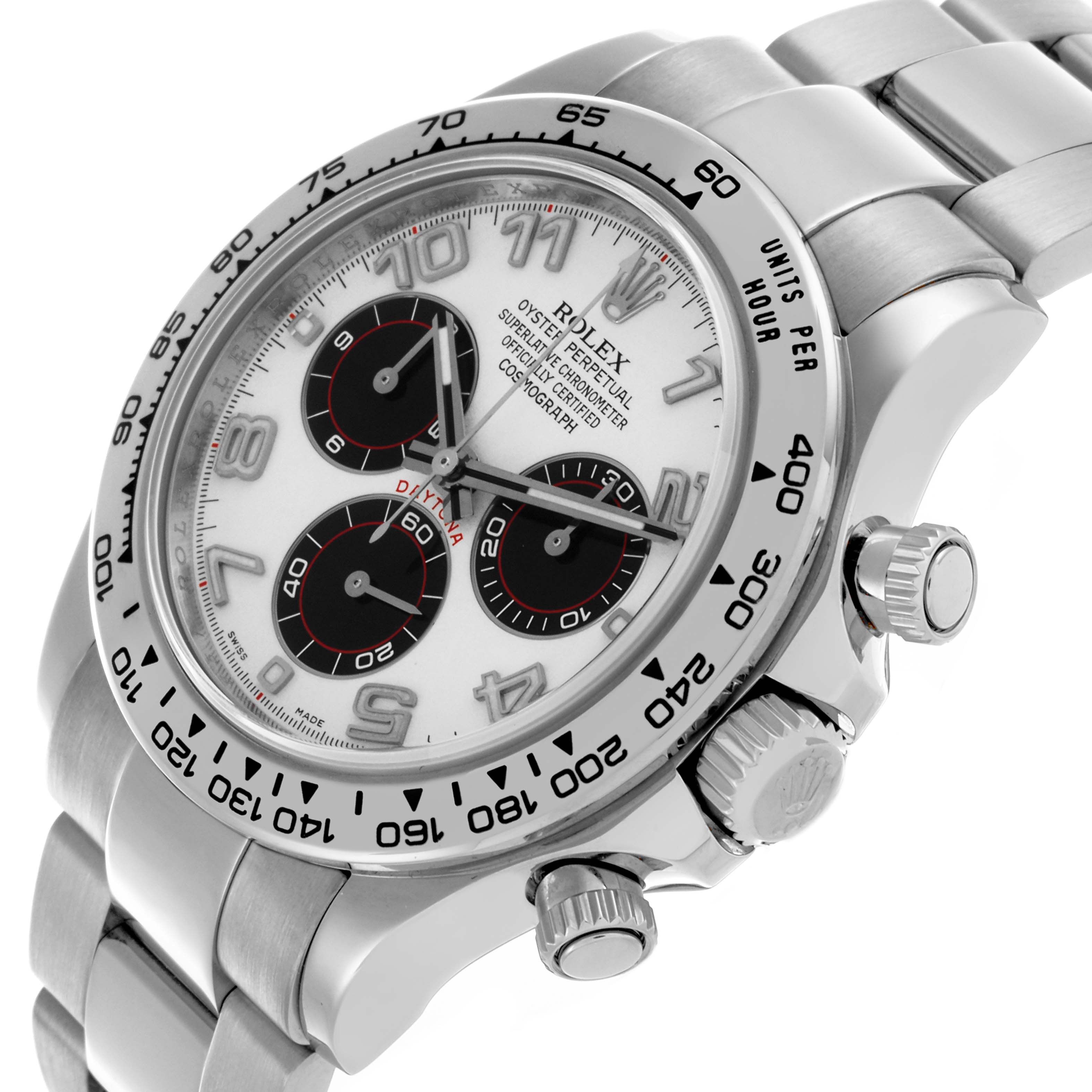 The Rolex Daytona 116509 Men's White Gold White Dial 116509 Men's White Gold White Dial watch is shown at an angled view, highlighting its bezel, chronograph dials, crown, and bracelet.
