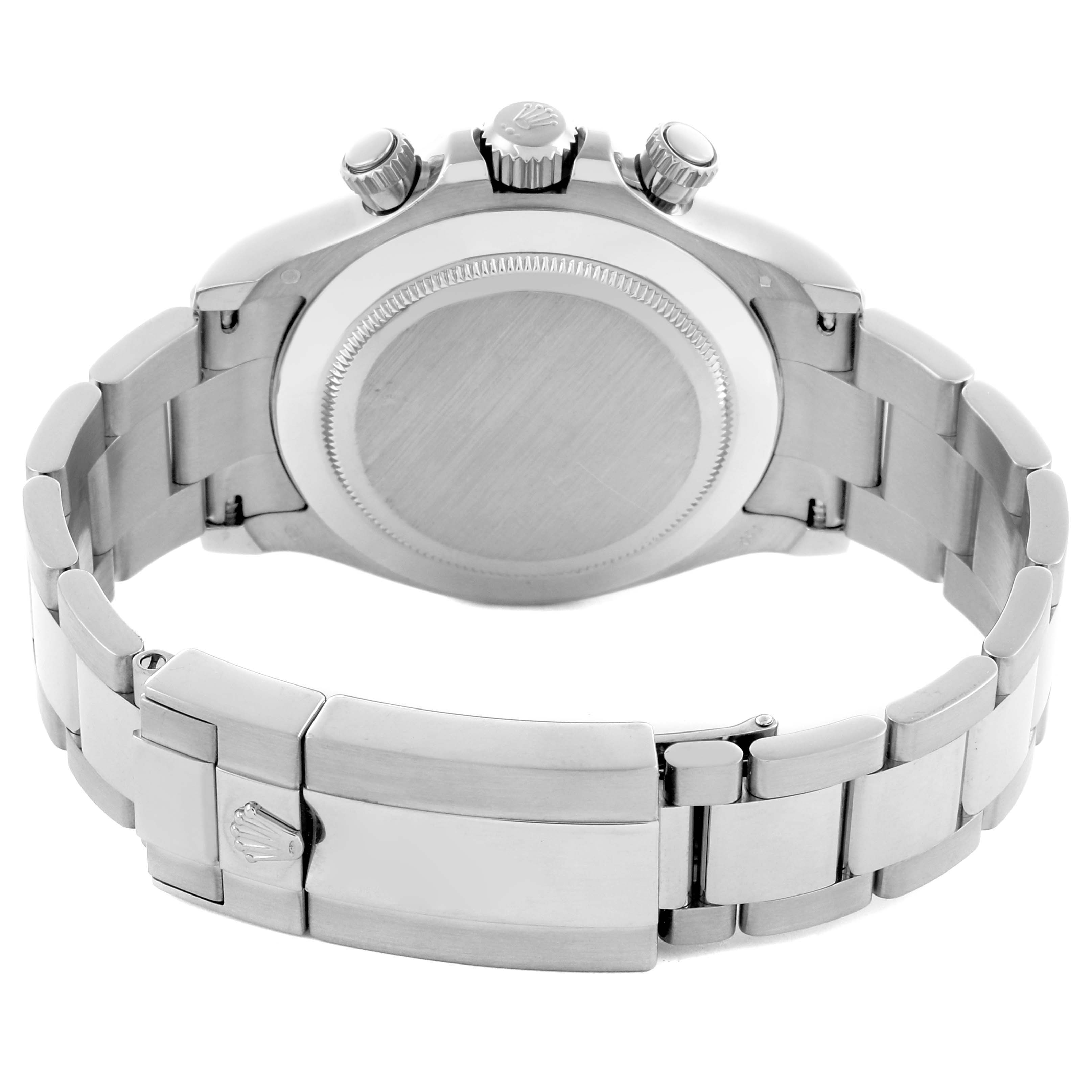 The image shows the back view of a Rolex Daytona 116509 Men's White Gold White Dial 116509 Men's White Gold White Dial watch, highlighting the case back, crown, and bracelet clasp.