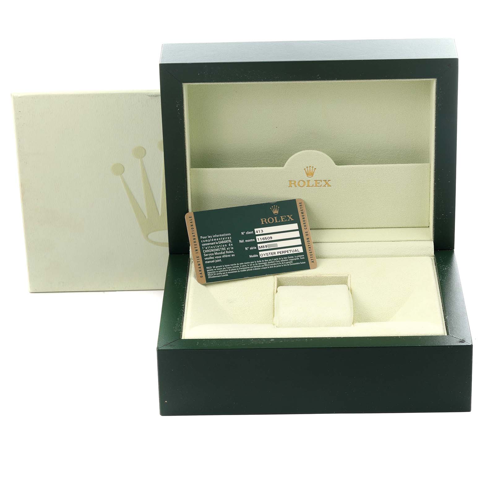 The image shows a Rolex Daytona 116509 Men's White Gold White Dial 116509 Men's White Gold White Dial watch box and warranty card from a front angle.