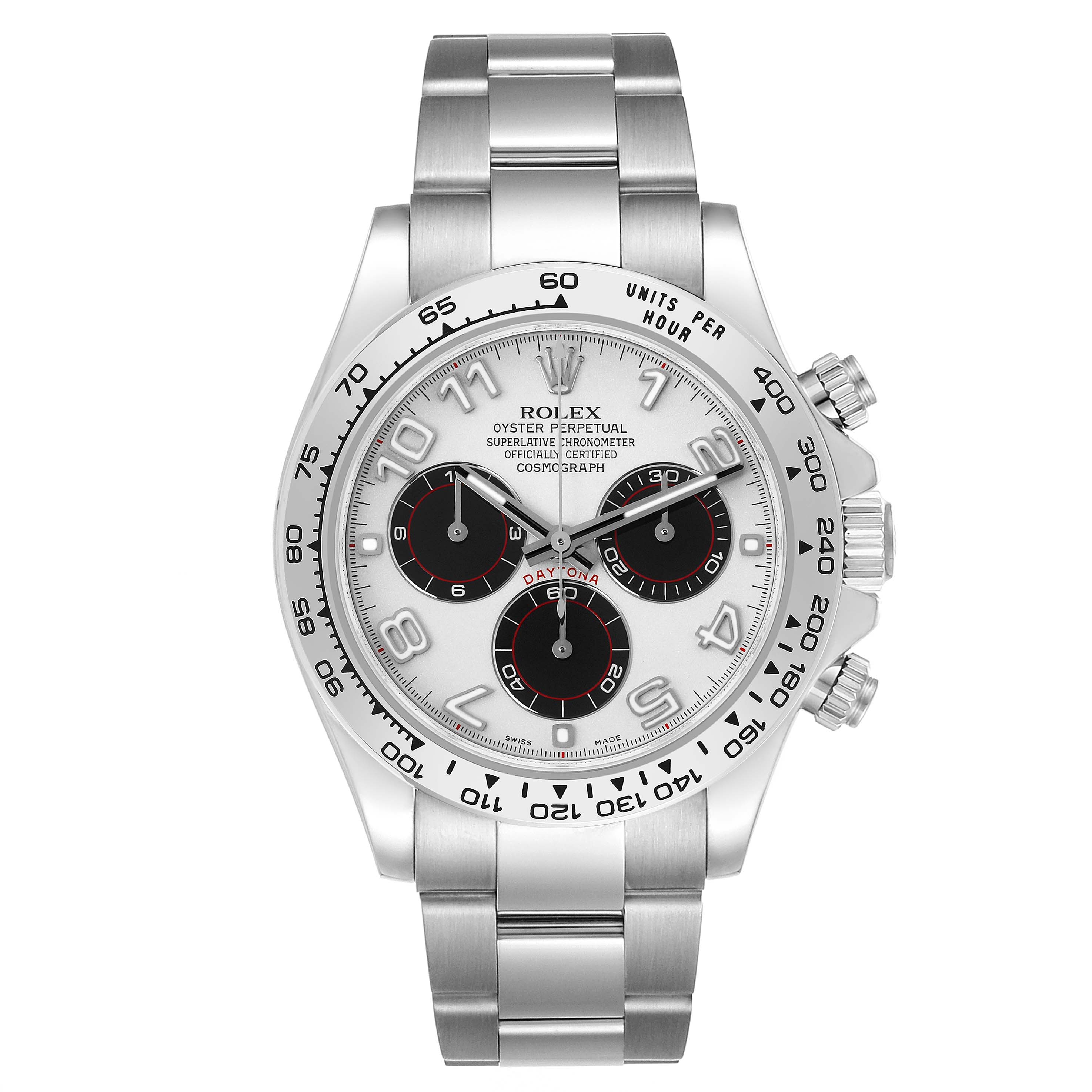 The Rolex Daytona 116509 Men's White Gold White Dial 116509 Men's White Gold White Dial watch is shown from a front angle displaying the face, bezel, and full bracelet.