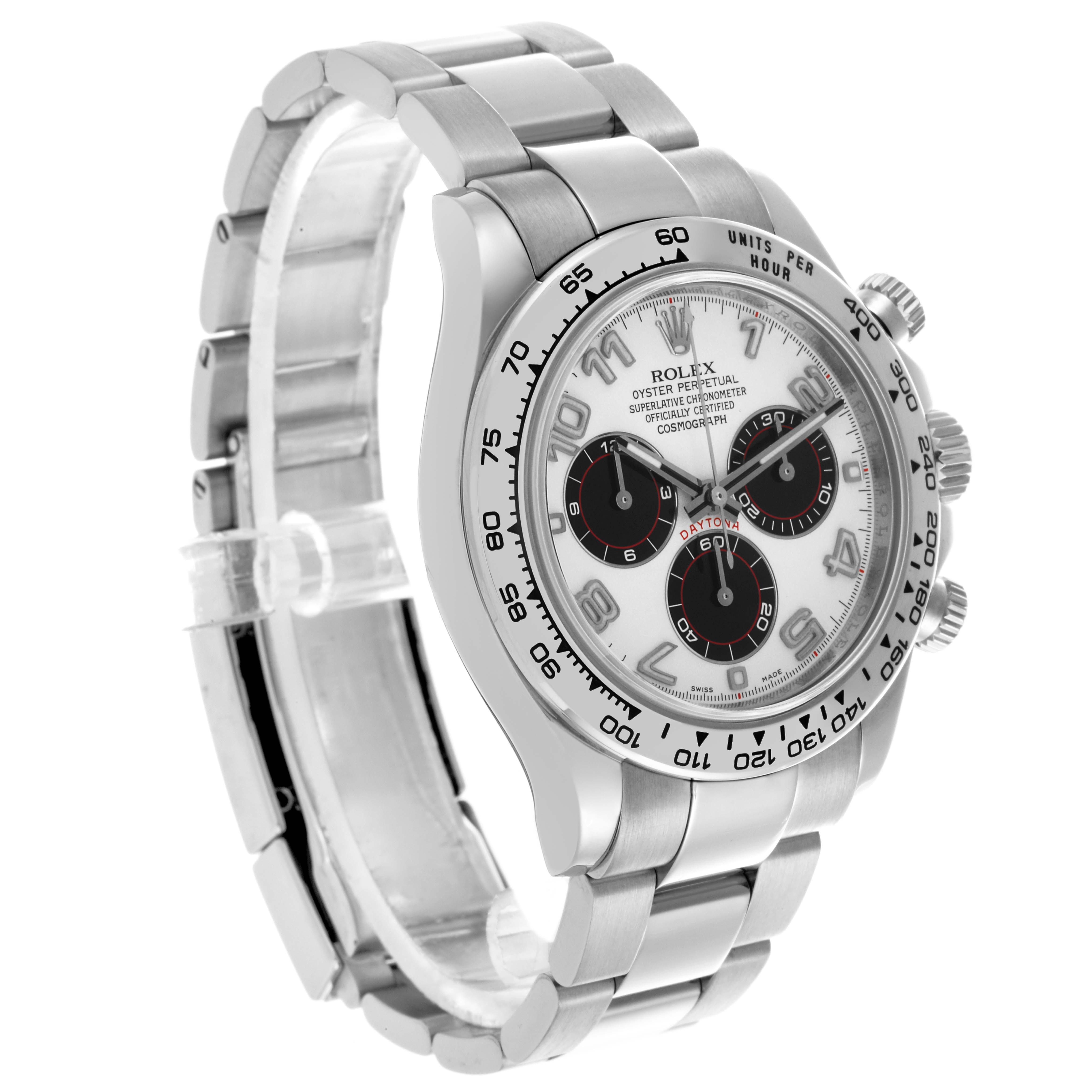 The Rolex Daytona 116509 Men's White Gold White Dial 116509 Men's White Gold White Dial watch is shown at a three-quarter angle, highlighting the dial, bezel, and stainless steel bracelet.