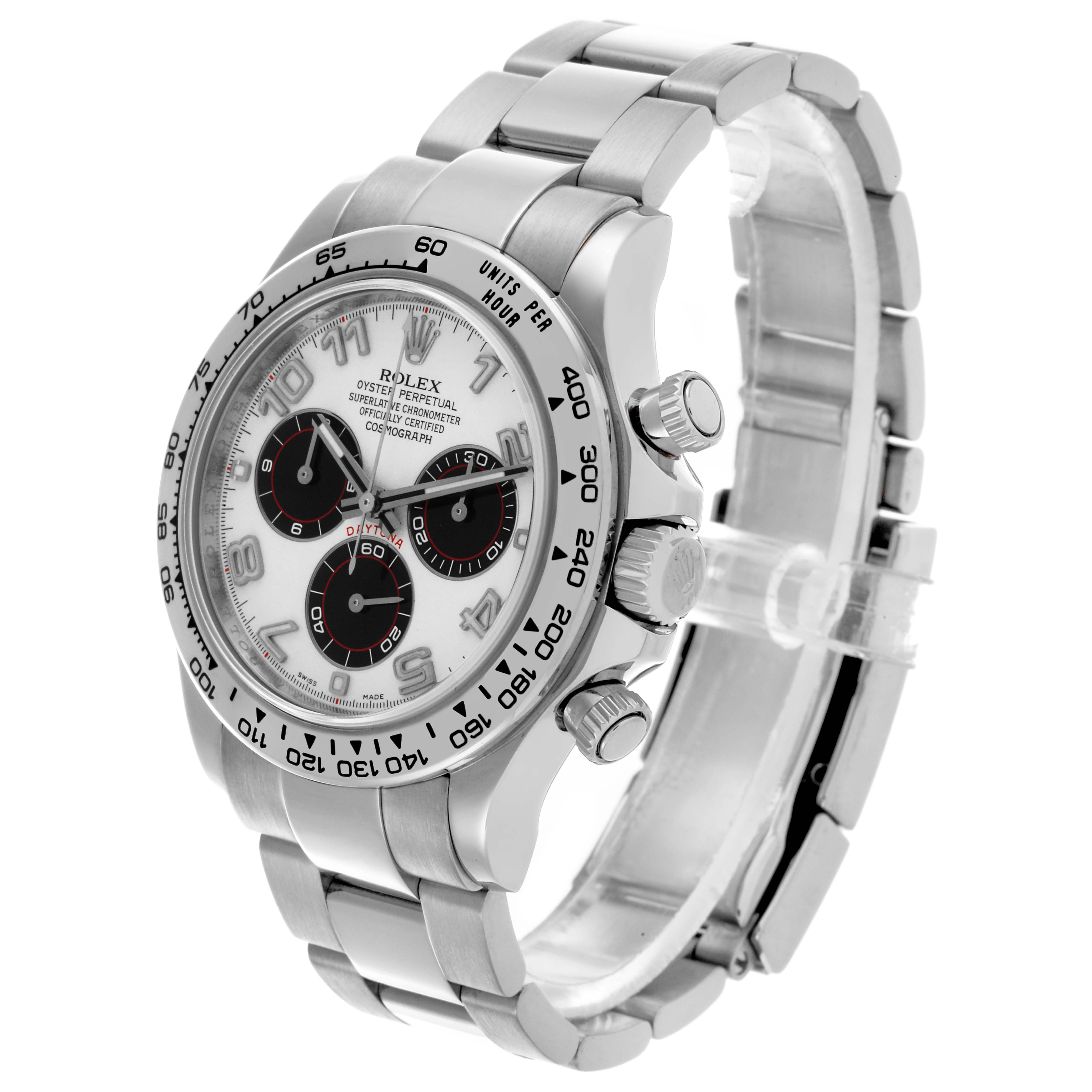 The Rolex Daytona 116509 Men's White Gold White Dial 116509 Men's White Gold White Dial watch is shown at an angled view, displaying the face, bezel, crown, and bracelet.
