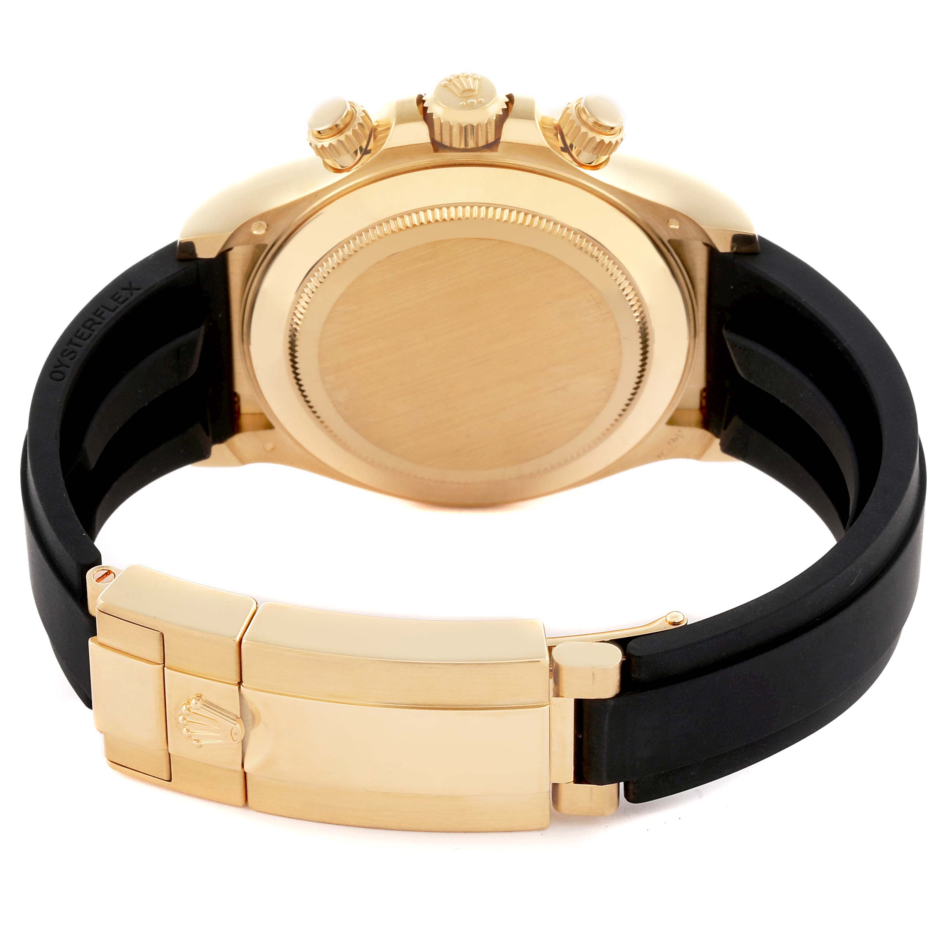 The image shows a side-rear angle of the Rolex Daytona 116518LN Men's Yellow Gold Champagne Dial 116518LN Men's Yellow Gold Champagne Dial watch, highlighting the case back, crown, pushers, and clasp.