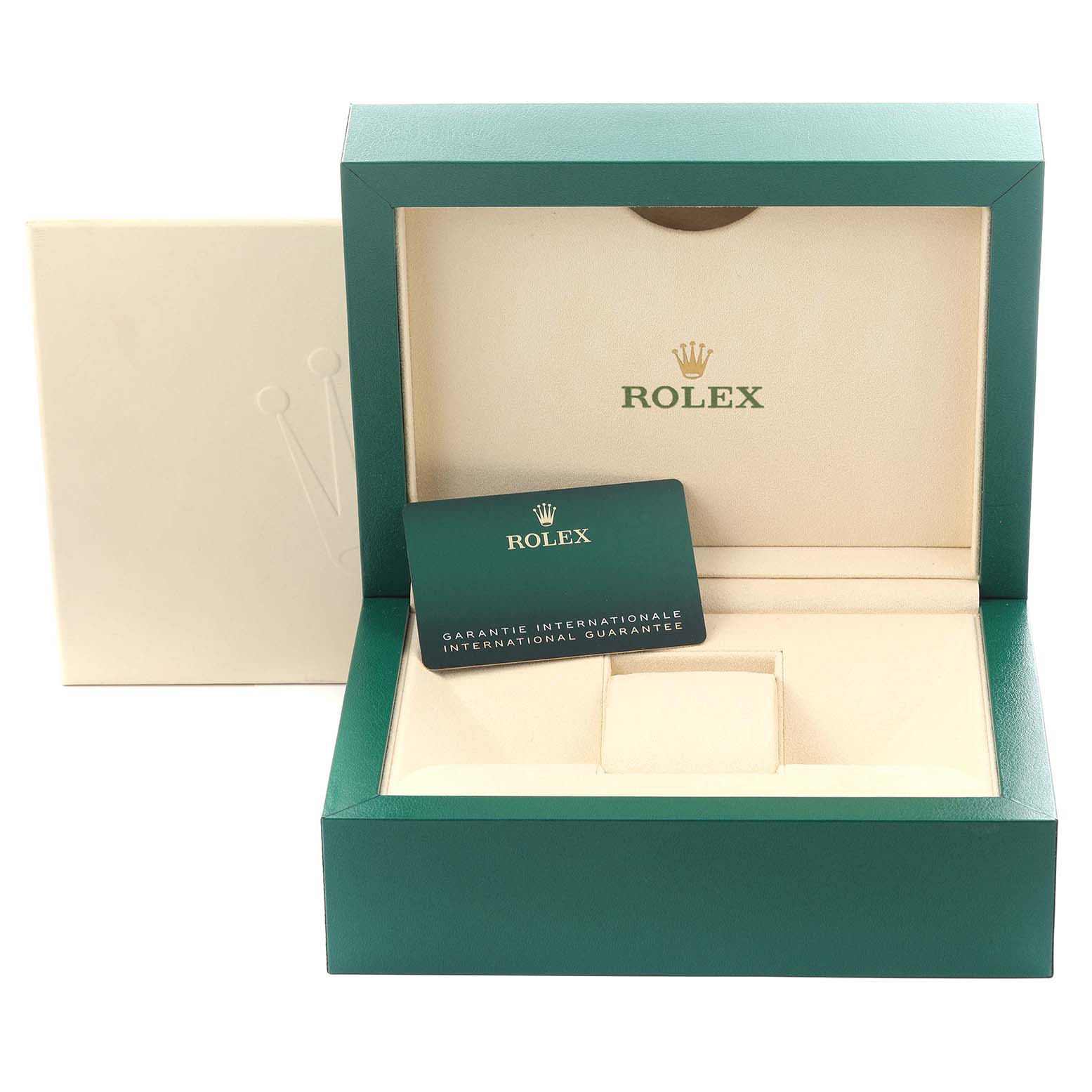The image shows a Rolex Daytona 116518LN Men's Yellow Gold Champagne Dial 116518LN Men's Yellow Gold Champagne Dial watch box and an international guarantee card, viewed from the front.