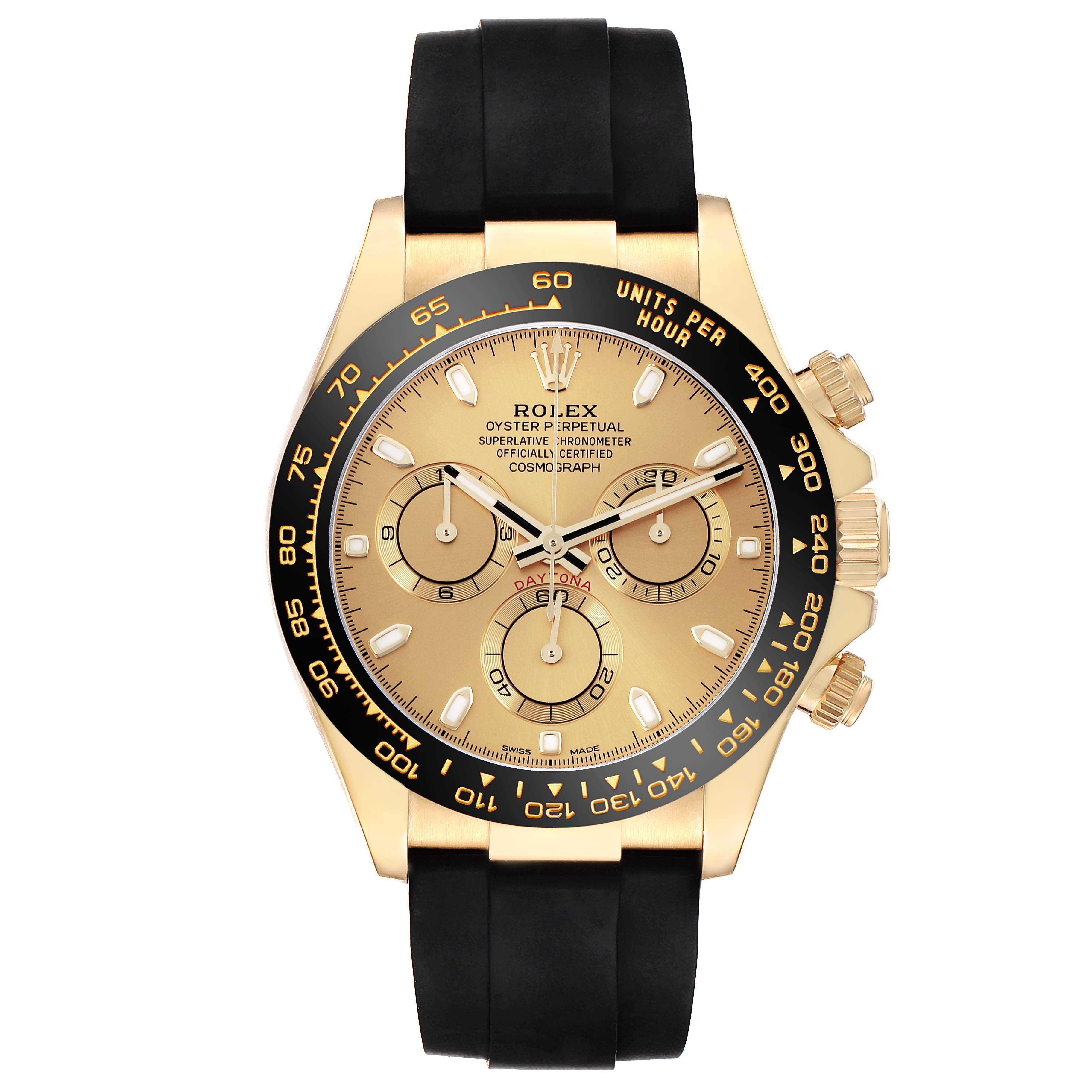 The Rolex Daytona 116518LN Men's Yellow Gold Champagne Dial 116518LN Men's Yellow Gold Champagne Dial watch is shown from the front, highlighting its gold dial, black bezel, and rubber strap.