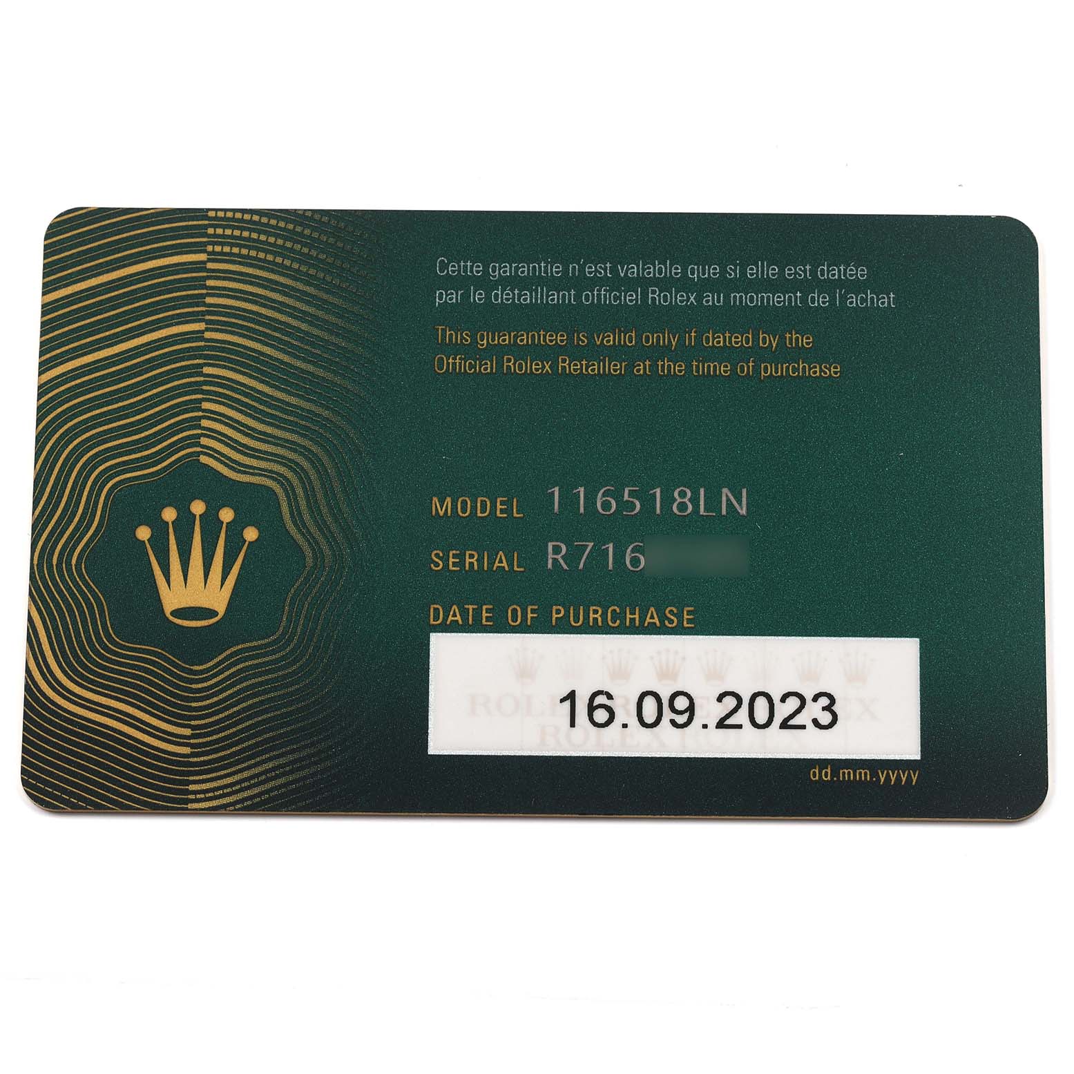 The image shows a Rolex Daytona 116518LN Men's Yellow Gold Champagne Dial 116518LN Men's Yellow Gold Champagne Dial warranty card with the model number 116518LN and purchase date.