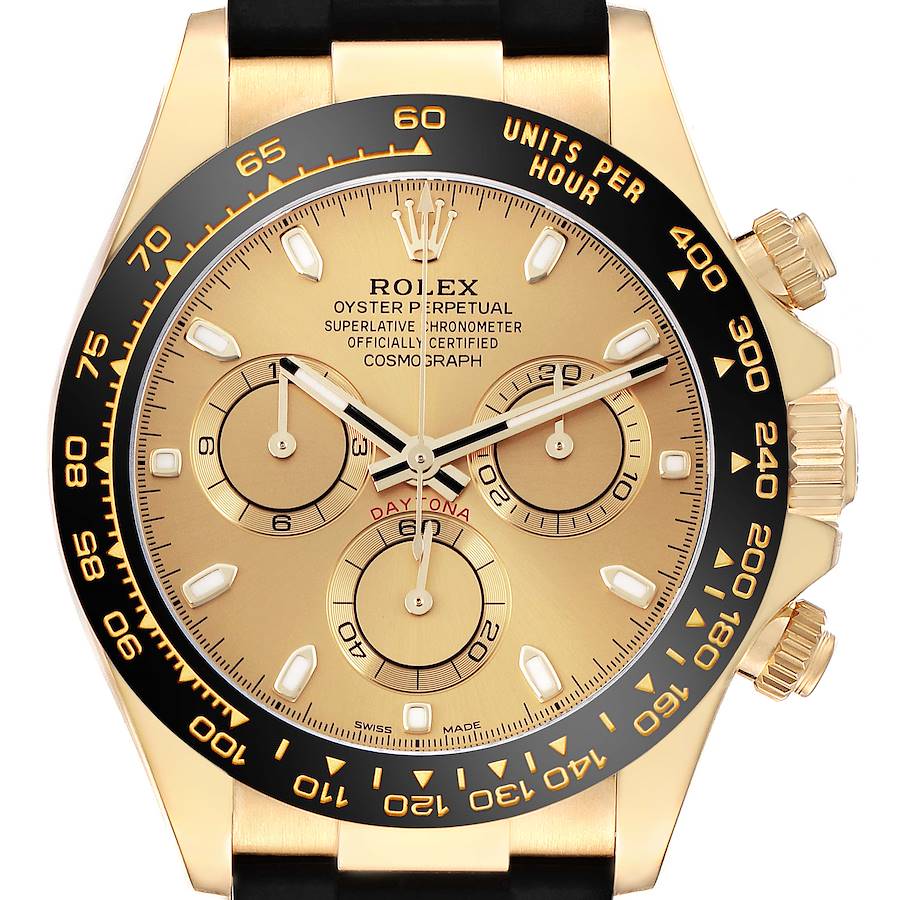 The Rolex Daytona watch is shown from the front, highlighting its gold dial, bezel, and subdials.