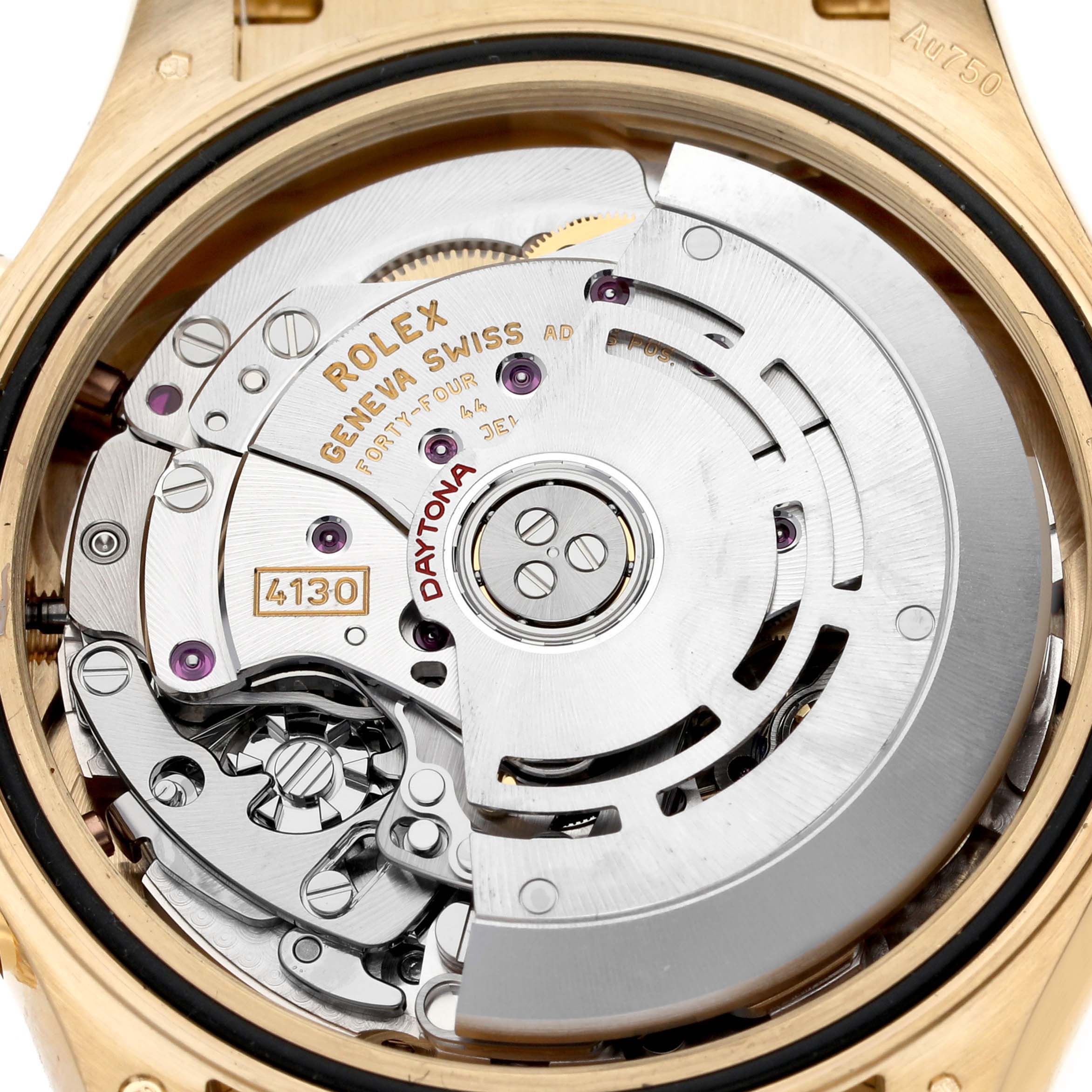 The image shows the movement mechanism of a Rolex Daytona 116518LN Men's Yellow Gold Champagne Dial 116518LN Men's Yellow Gold Champagne Dial watch from a rear angle.