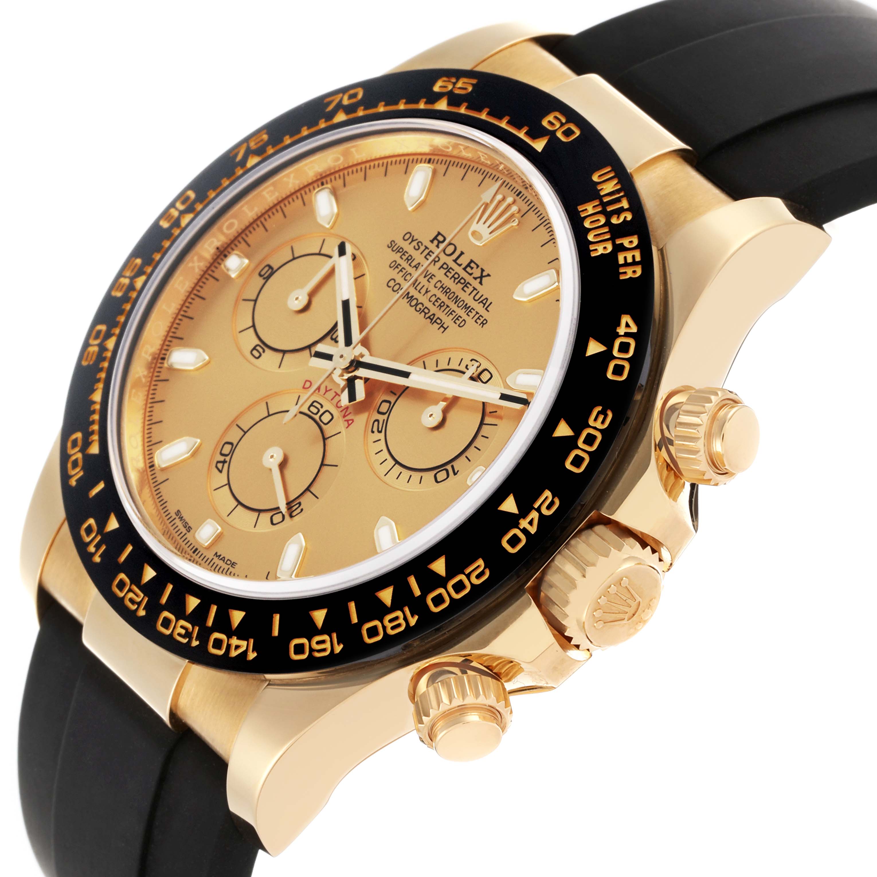 The Rolex Daytona 116518LN Men's Yellow Gold Champagne Dial 116518LN Men's Yellow Gold Champagne Dial watch is shown from a side angle, highlighting the gold case, black bezel, crown, and chronograph pushers.