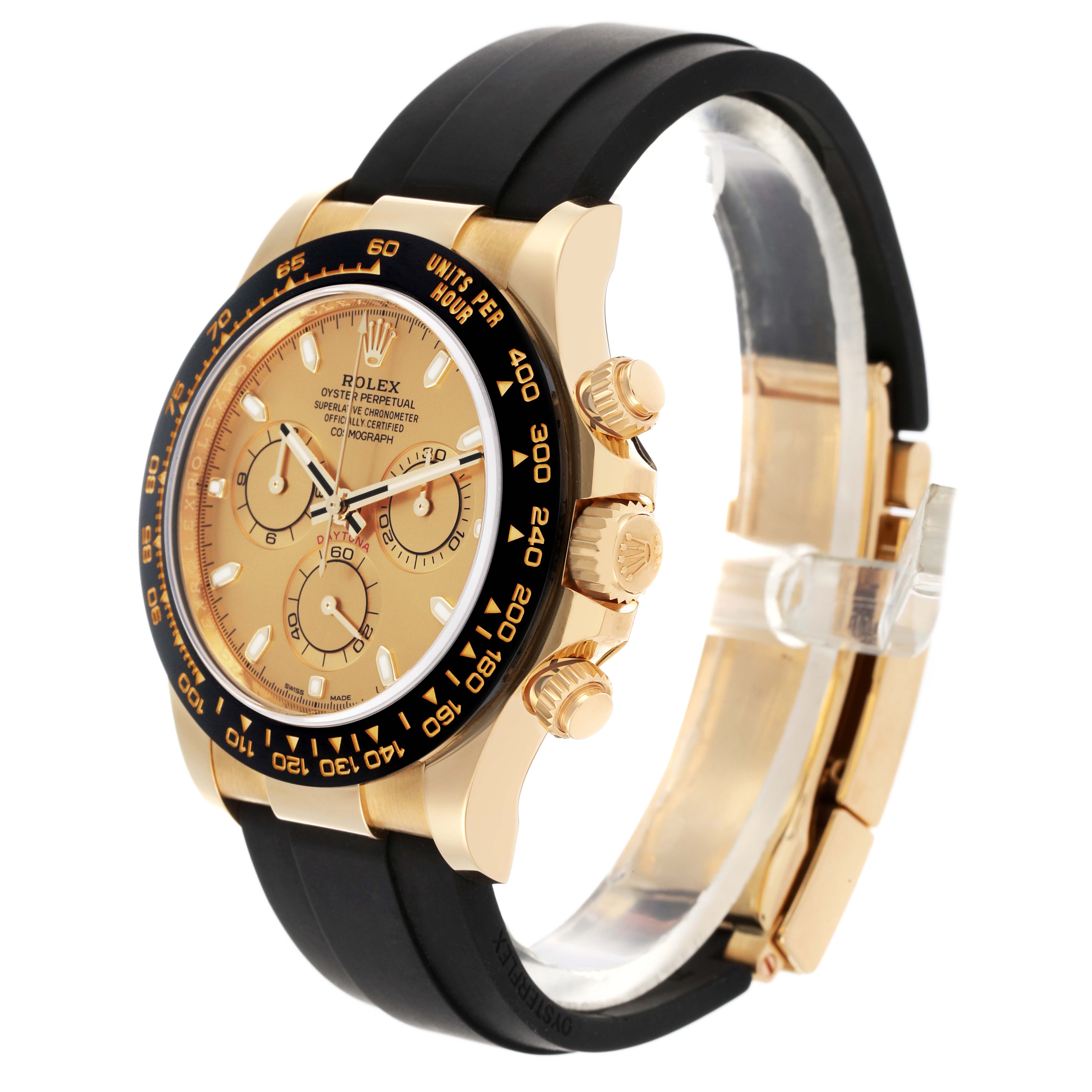 The Rolex Daytona 116518LN Men's Yellow Gold Champagne Dial 116518LN Men's Yellow Gold Champagne Dial watch is shown at a slight angle, displaying the case, bezel, dial, pushers, and strap.