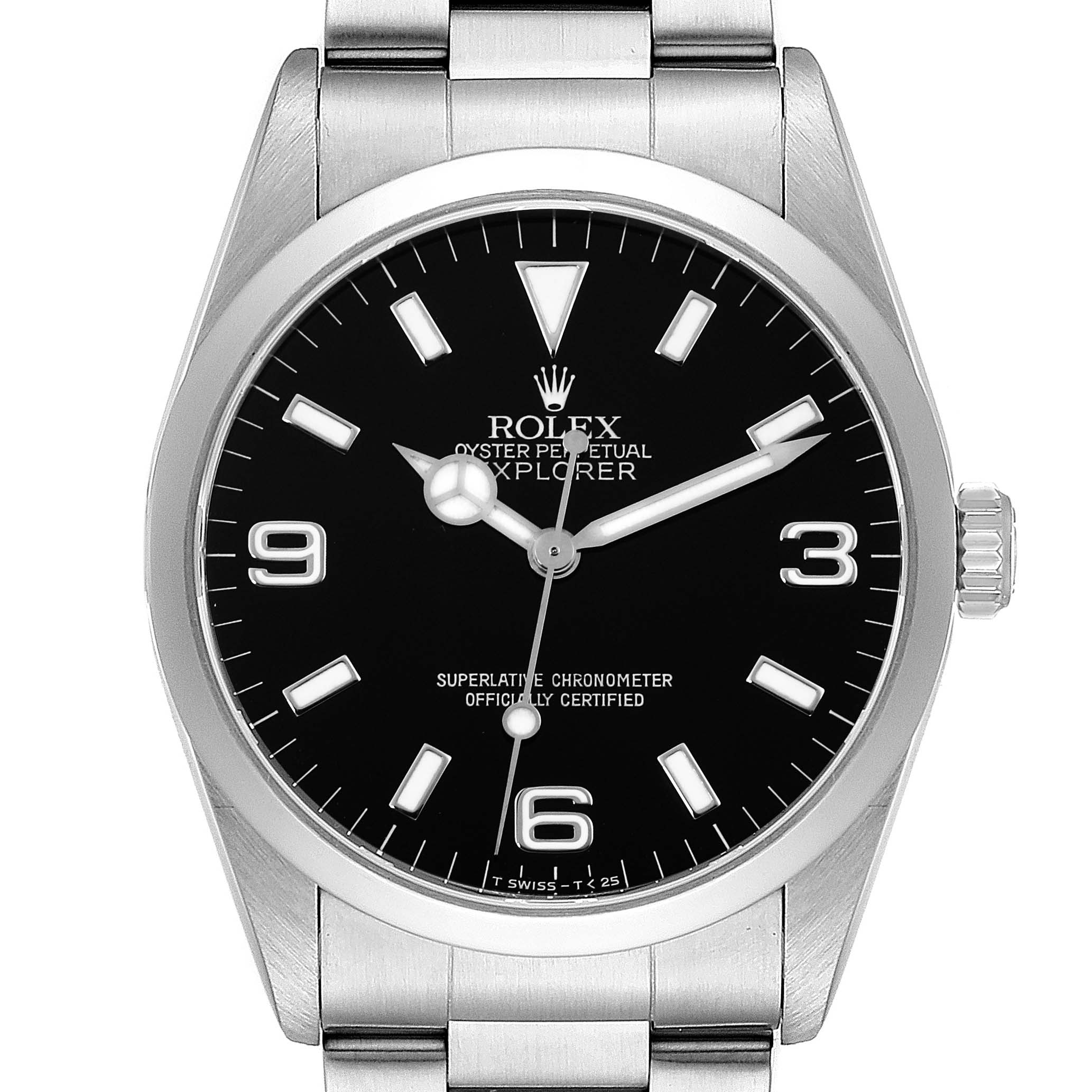 The Rolex Explorer 14270 Men's Stainless Steel Black Dial 14270 Men's Stainless Steel Black Dial watch is shown from a top-down angle, displaying its face, bezel, crown, and part of the bracelet.