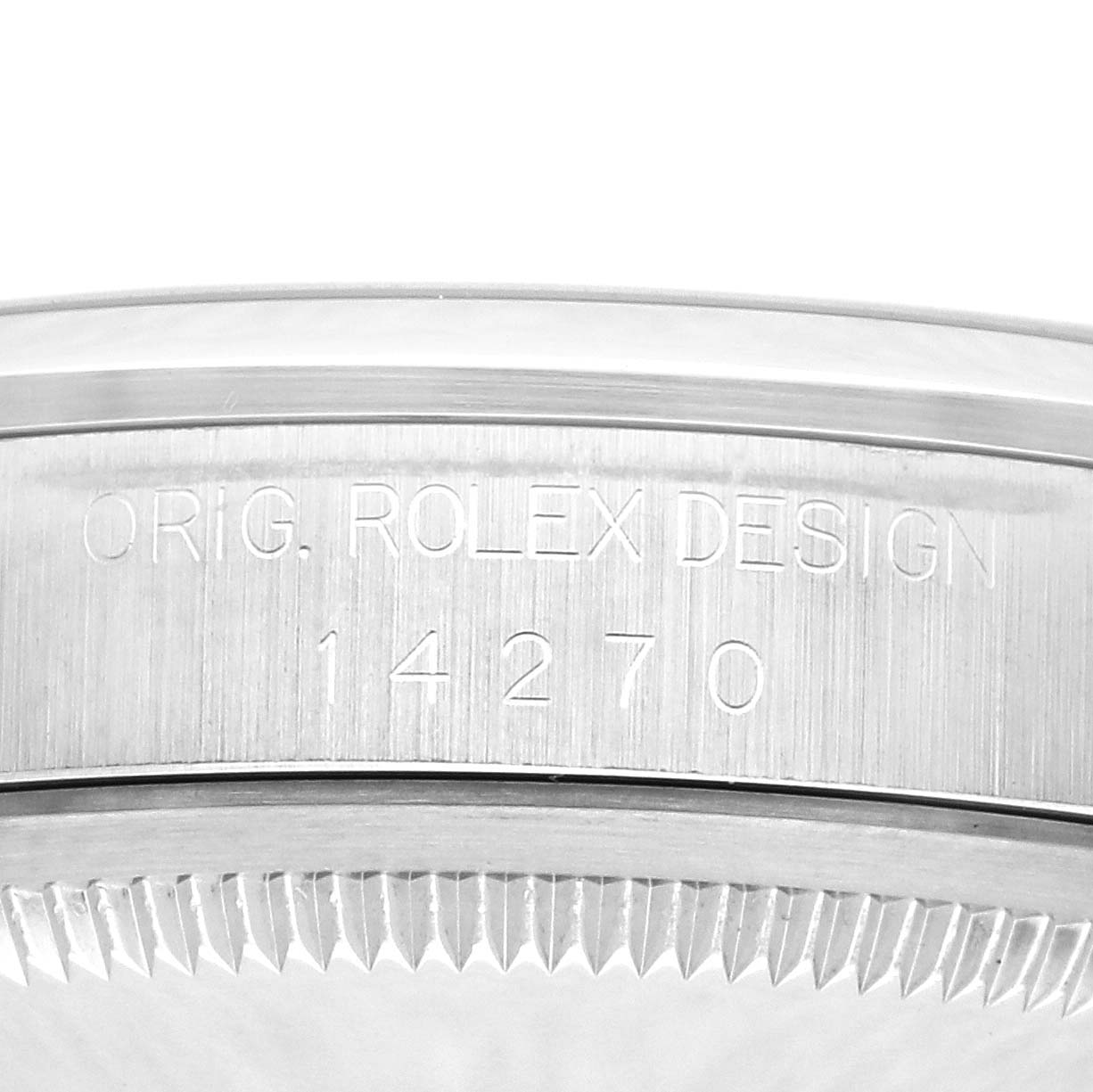 The image shows the side view of the Rolex Explorer 14270 Men's Stainless Steel Black Dial 14270 Men's Stainless Steel Black Dial's case back with the model number 14270 engraved.