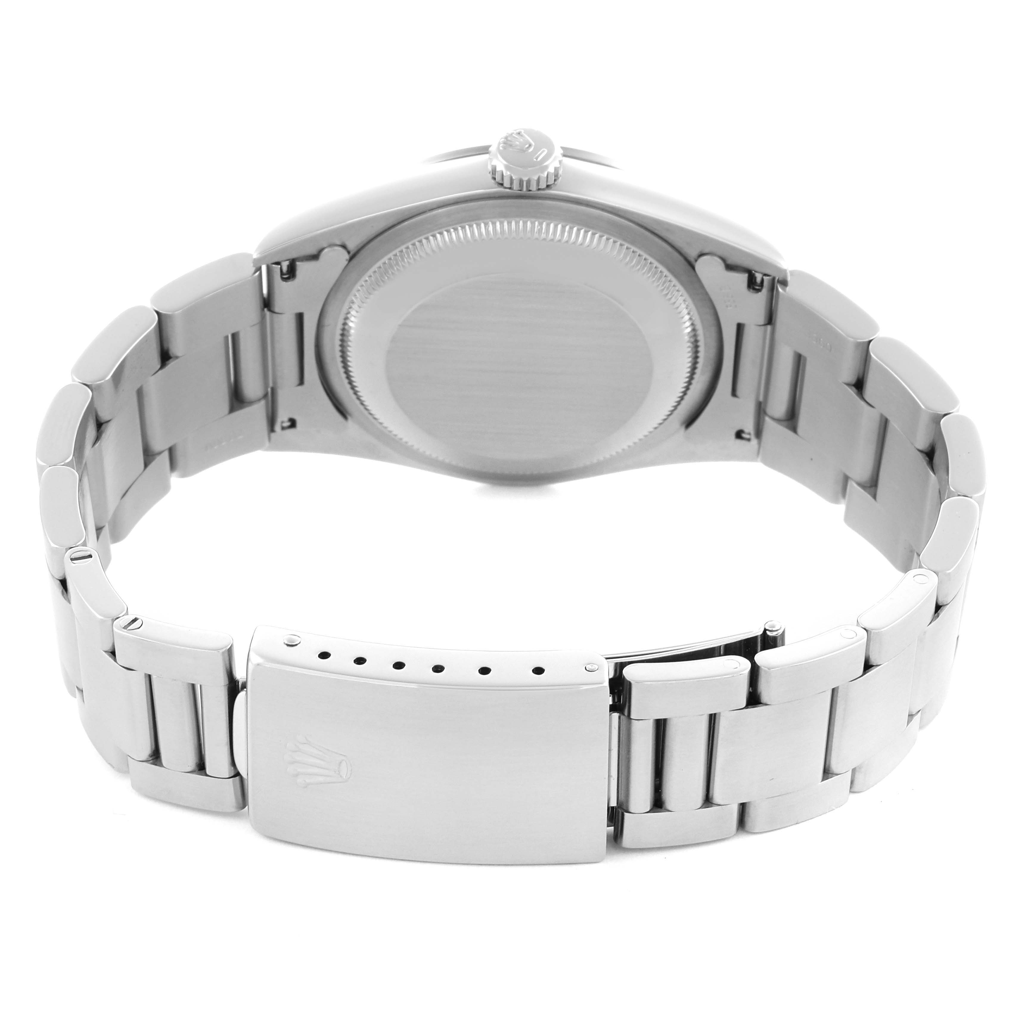 The image shows the back of the Rolex Explorer 14270 Men's Stainless Steel Black Dial 14270 Men's Stainless Steel Black Dial watch, featuring the closed clasp and bracelet.