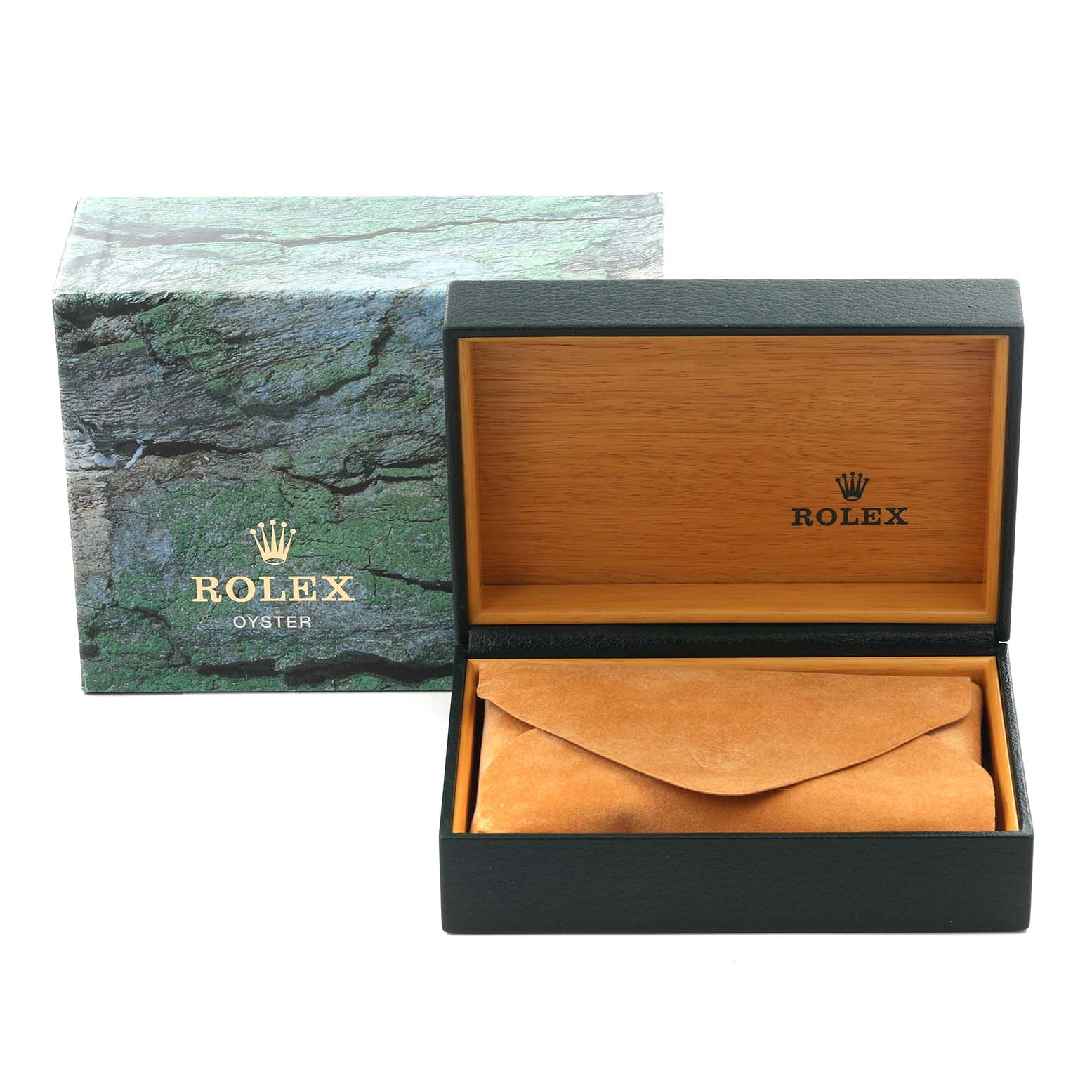The image shows a Rolex Explorer 14270 Men's Stainless Steel Black Dial 14270 Men's Stainless Steel Black Dial watch box and pouch, viewed from the front with the box lid open.