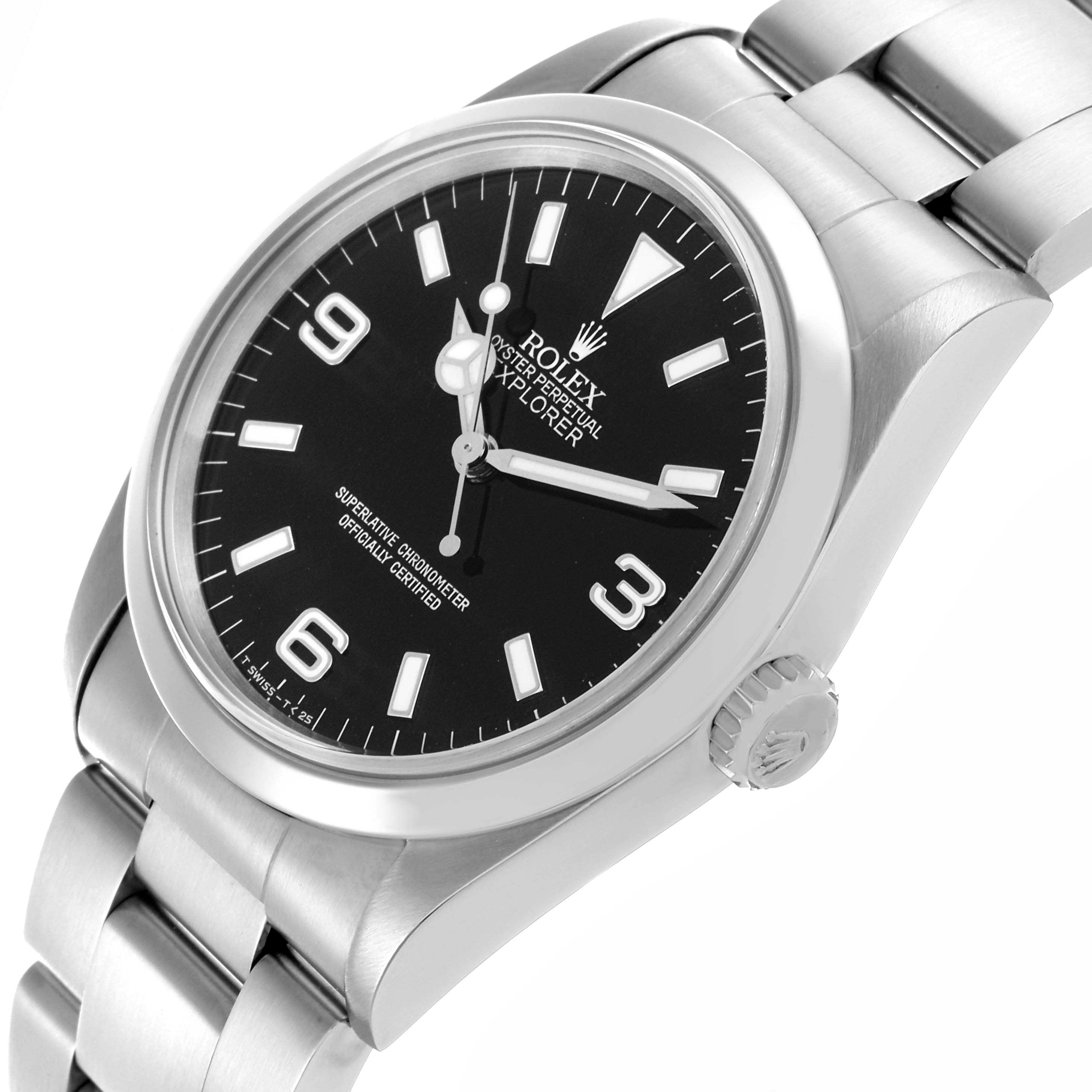 The Rolex Explorer 14270 Men's Stainless Steel Black Dial 14270 Men's Stainless Steel Black Dial watch is shown at an angled view, highlighting the face, crown, and bracelet.