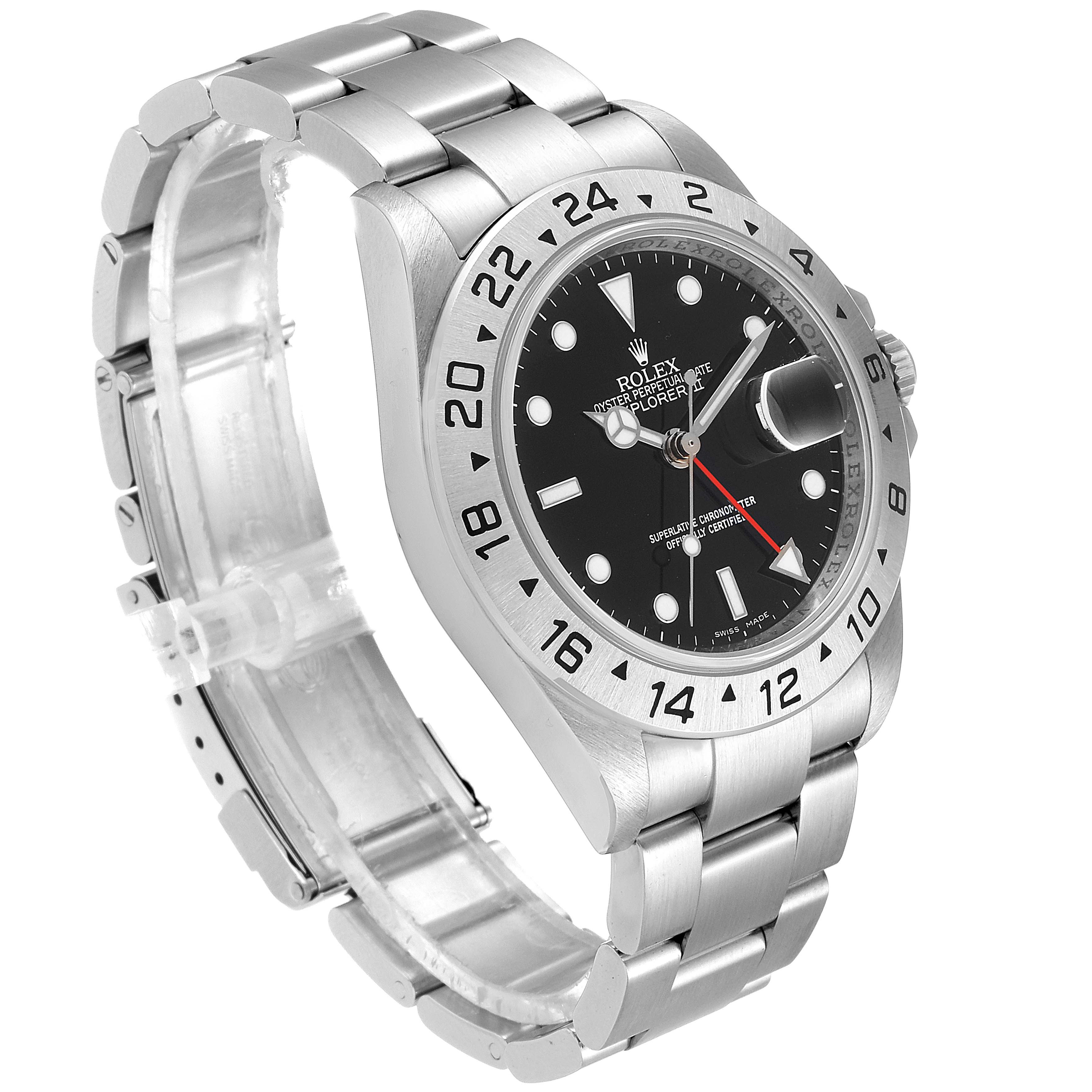The Rolex Explorer 16570 Men
s Stainless Steel Black Dial 16570 Men
s Stainless Steel Black Dial watch is shown at a slight angle, displaying its face, bezel, and metal bracelet.