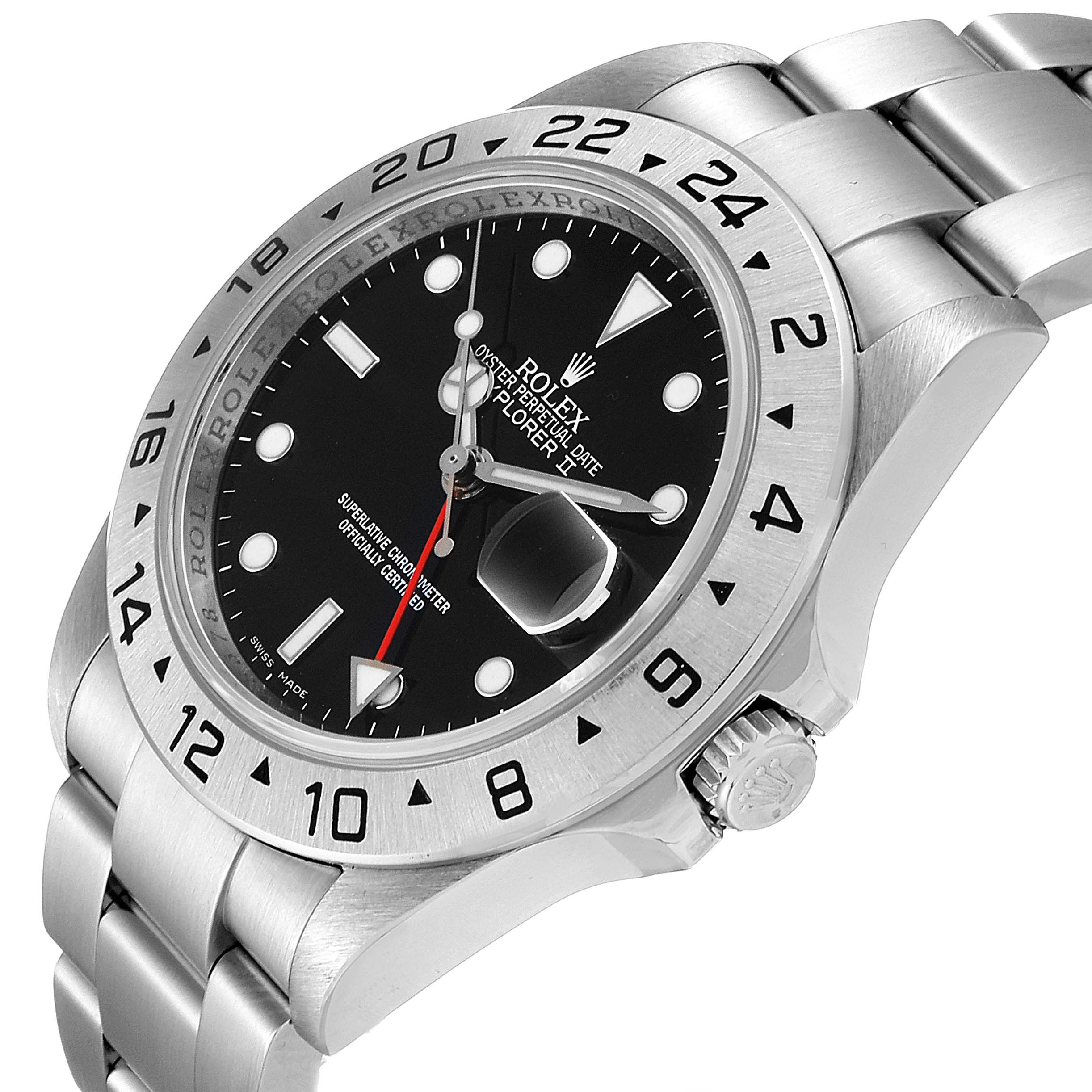 The Rolex Explorer 16570 Men
s Stainless Steel Black Dial 16570 Men
s Stainless Steel Black Dial model watch is shown at an angled view highlighting the face, bezel, crown, and part of its bracelet.