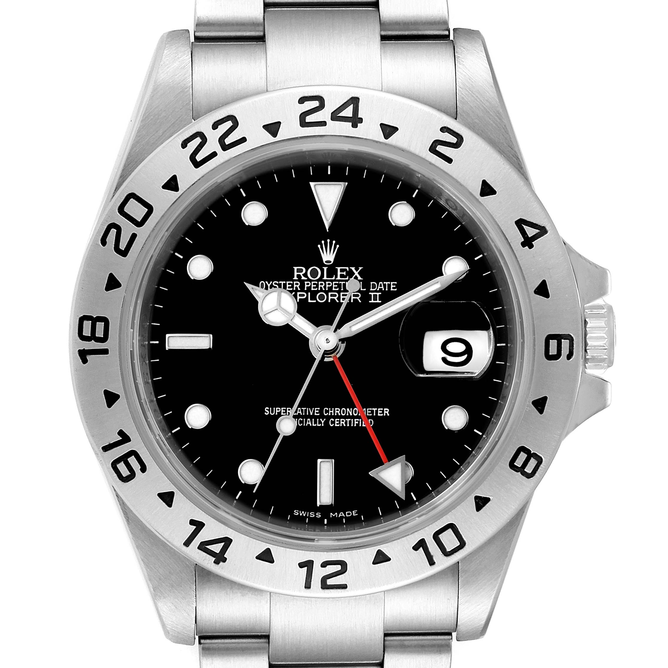 The image shows a front view of a Rolex Explorer 16570 Men
s Stainless Steel Black Dial 16570 Men
s Stainless Steel Black Dial watch with a black dial, date window, and stainless steel bracelet.