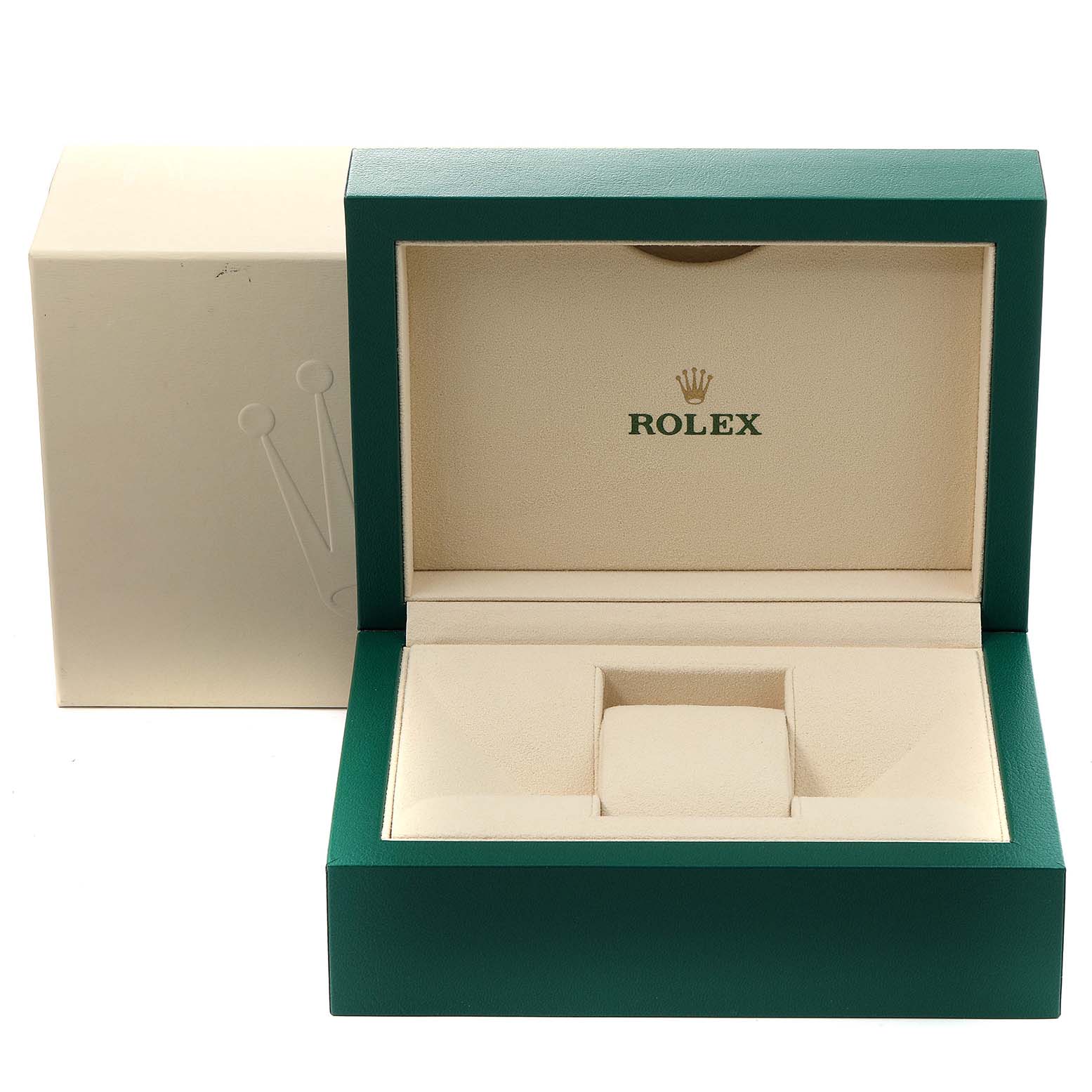 The image shows the open packaging box for the Rolex Explorer 16570 Men
s Stainless Steel Black Dial 16570 Men
s Stainless Steel Black Dial, featuring the brand
s logo and green outer box.
