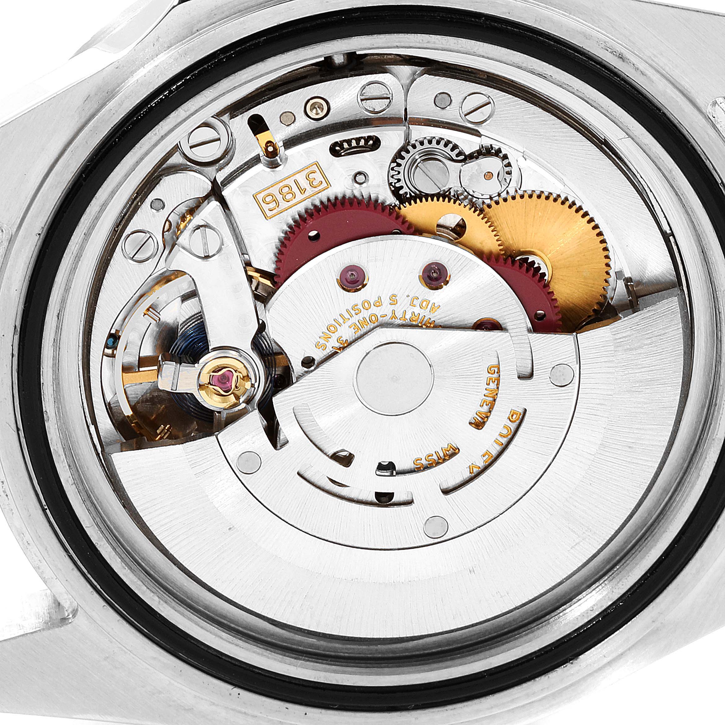 The image shows a close-up, detailed view of the movement inside a Rolex Explorer 16570 Men
s Stainless Steel Black Dial 16570 Men
s Stainless Steel Black Dial model watch.