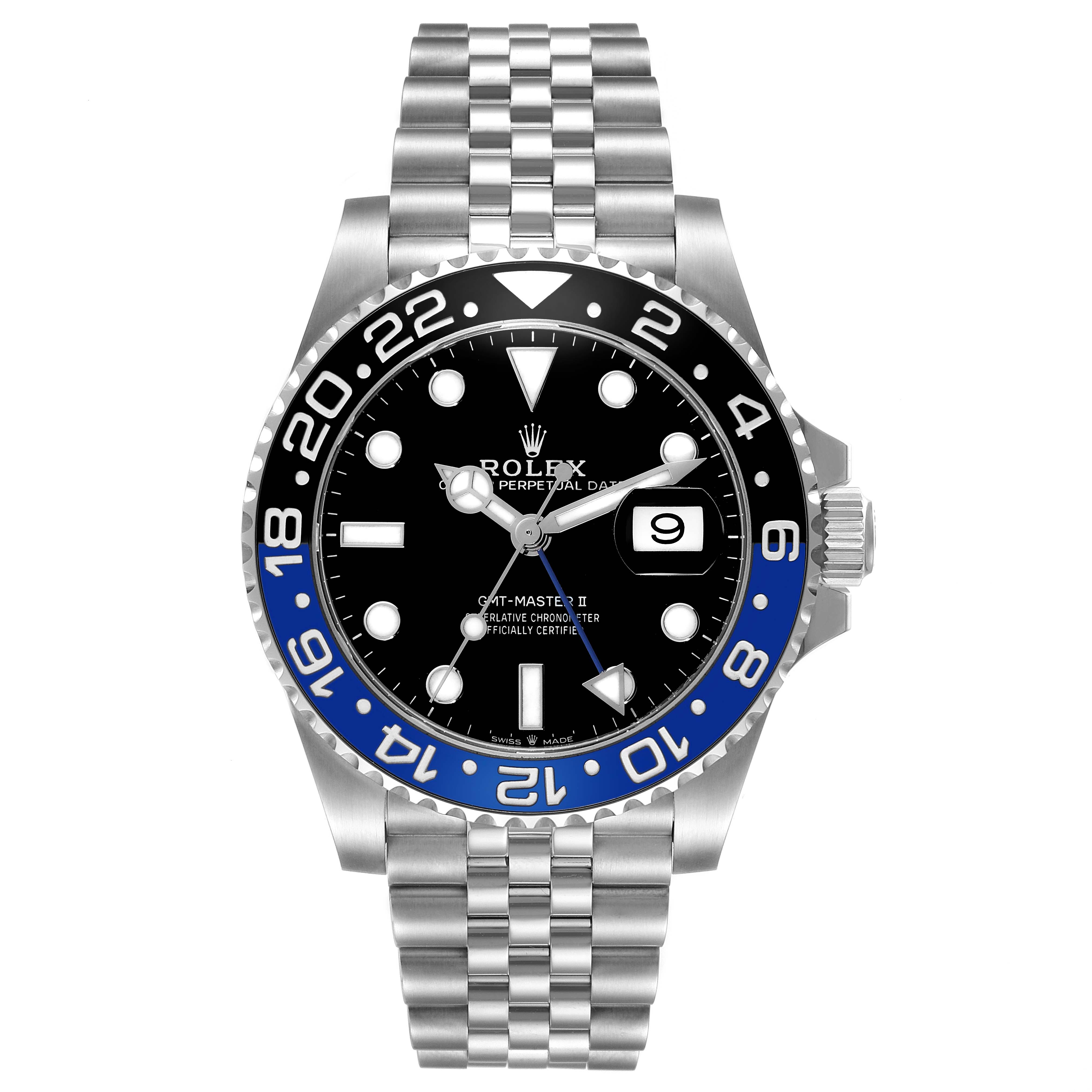 The Rolex GMT-Master 126710BLNR Men
s Stainless Steel Black Dial 126710BLNR Men
s Stainless Steel Black Dial watch is shown from the front, displaying the dial, bezel, and part of the bracelet.