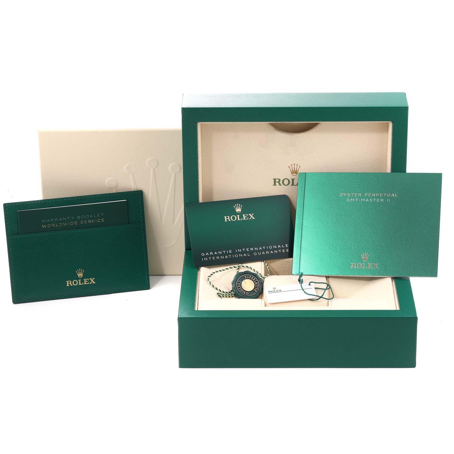 The image shows a Rolex GMT-Master 126710BLNR Men
s Stainless Steel Black Dial 126710BLNR Men
s Stainless Steel Black Dial watch box, warranty booklet, user manual, and international guarantee card.