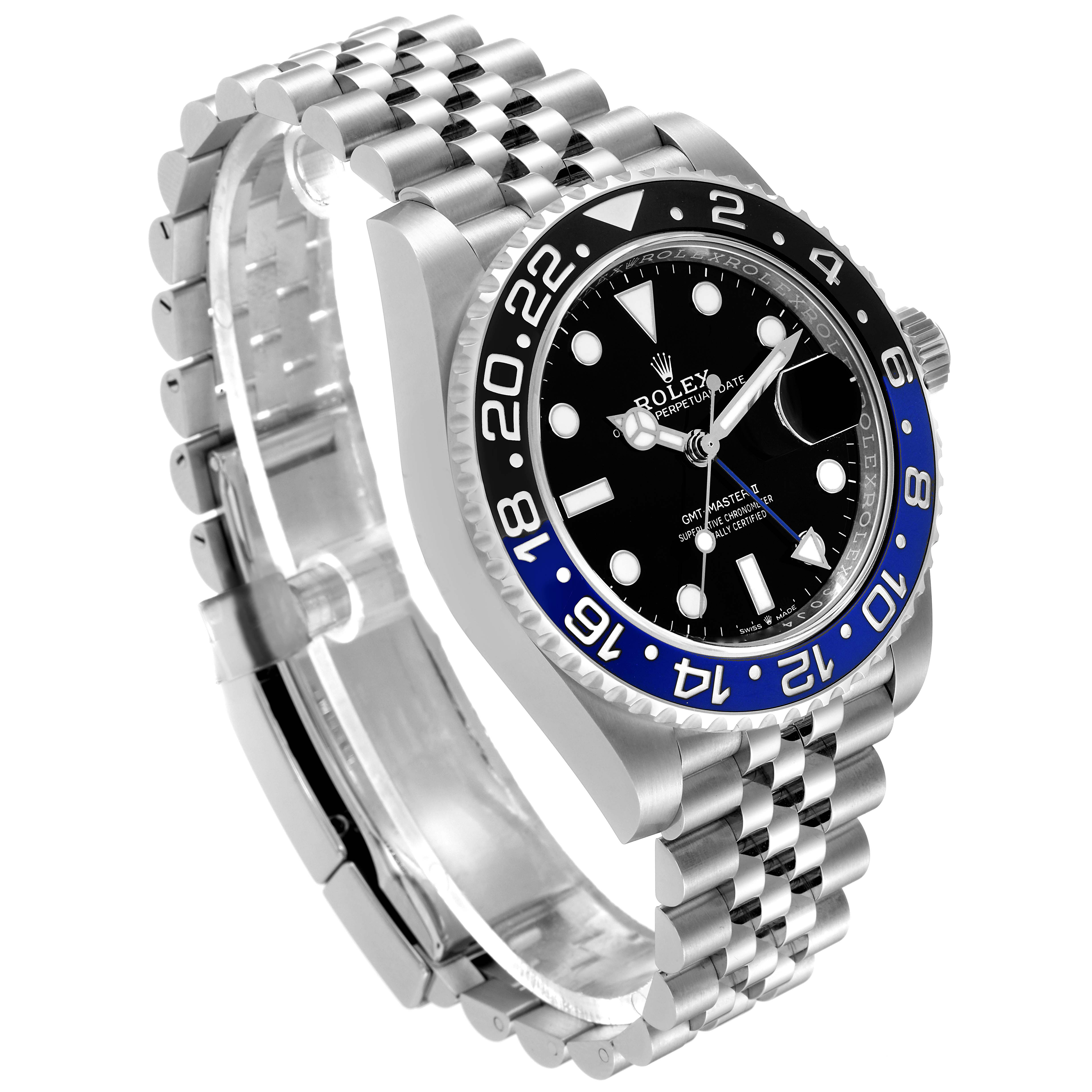 The image shows a close-up angled view of a Rolex GMT-Master 126710BLNR Men
s Stainless Steel Black Dial 126710BLNR Men
s Stainless Steel Black Dial watch, highlighting the bezel, dial, and bracelet.