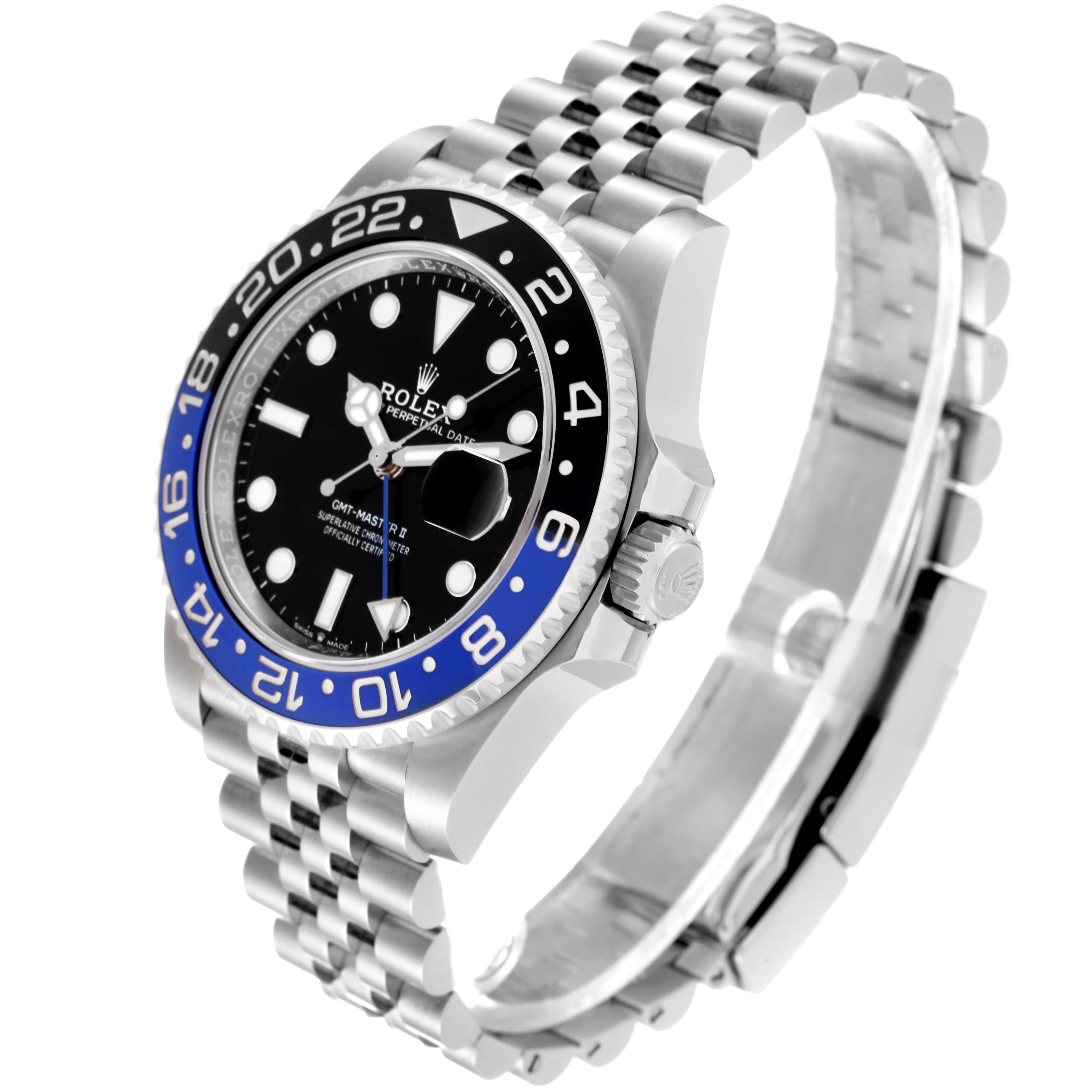 This image shows a side angle of a Rolex GMT-Master 126710BLNR Men
s Stainless Steel Black Dial 126710BLNR Men
s Stainless Steel Black Dial watch, featuring the bezel, dial, crown, and bracelet.