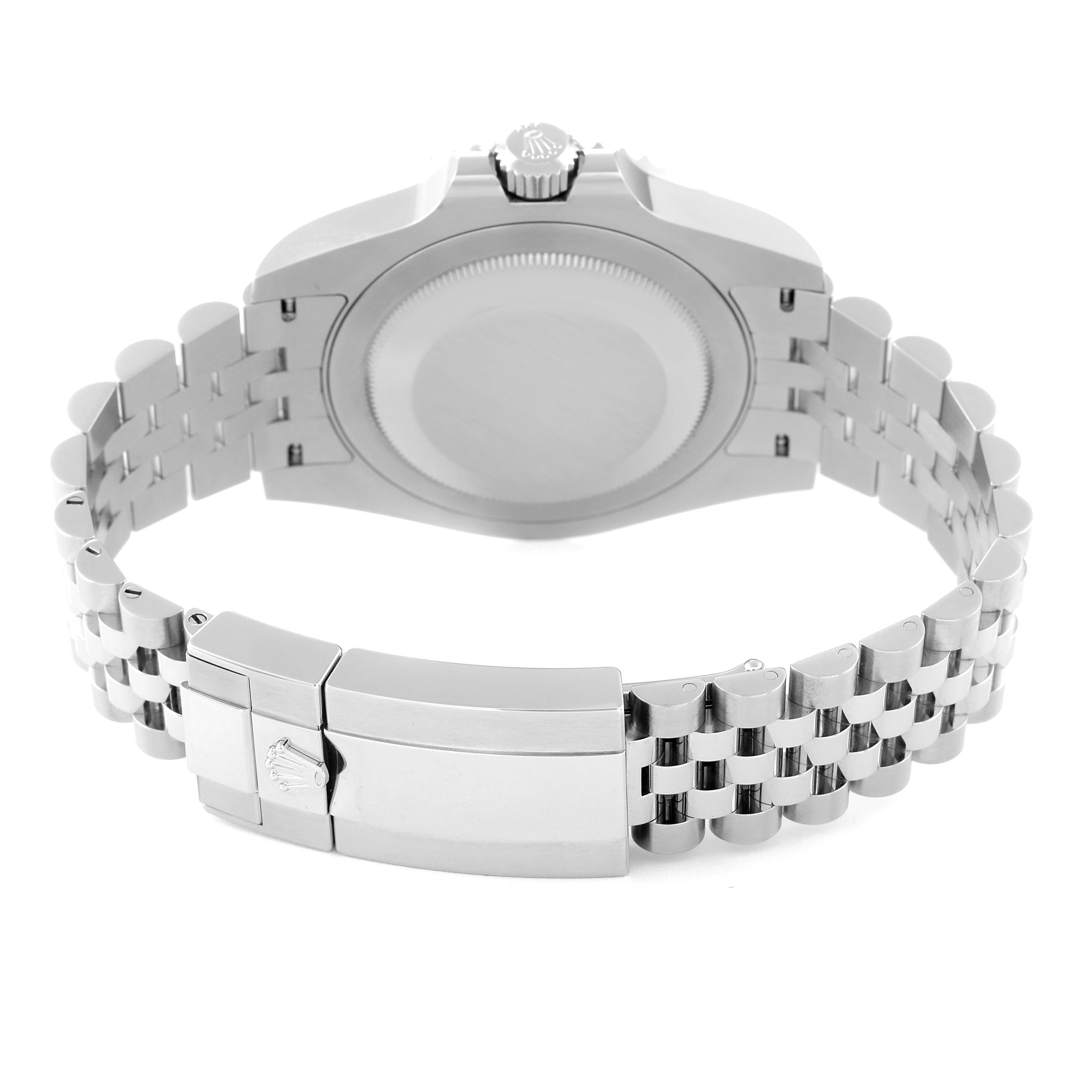 This image shows the case back and bracelet clasp of the Rolex GMT-Master 126710BLNR Men
s Stainless Steel Black Dial 126710BLNR Men
s Stainless Steel Black Dial watch from an underside angle.