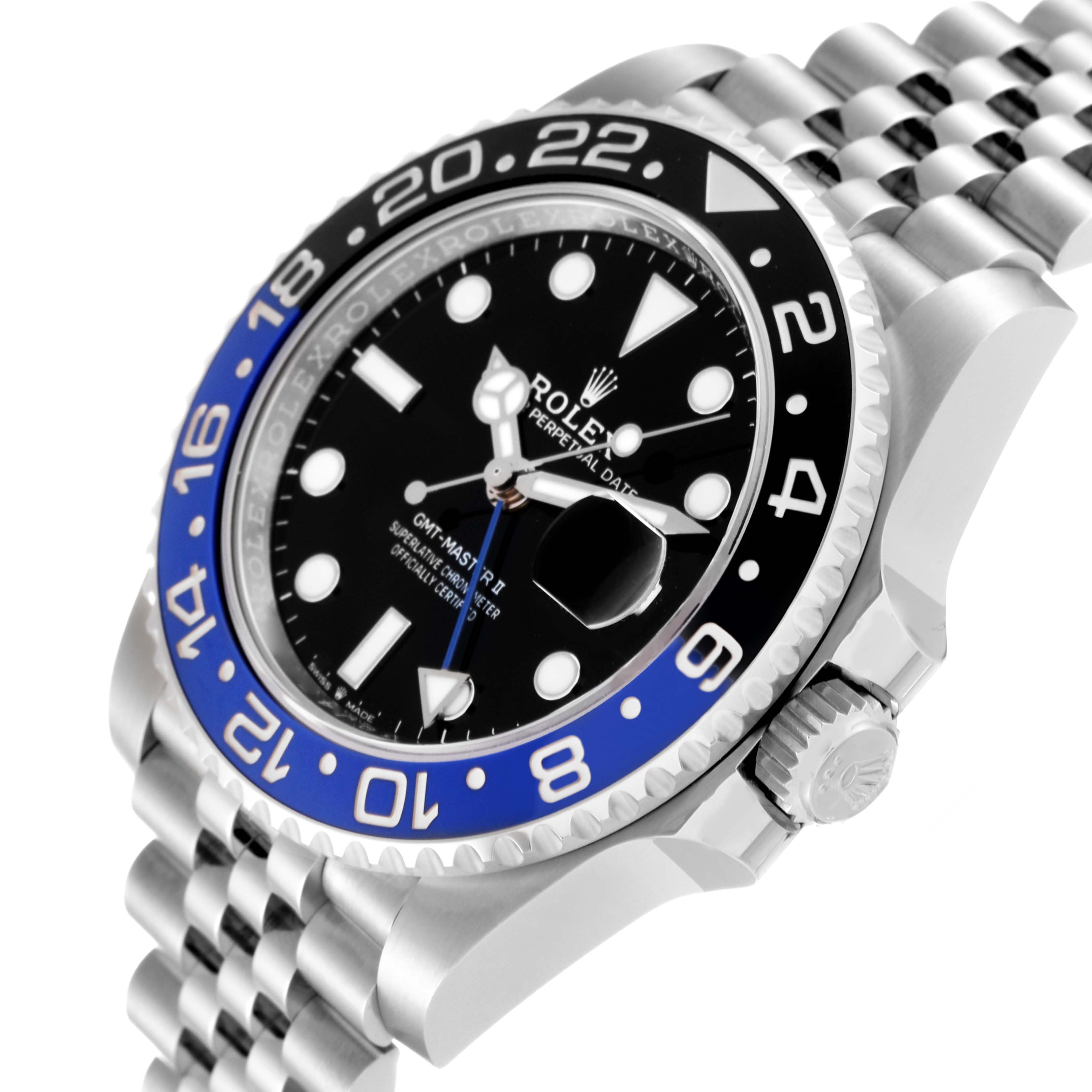 This image shows a close-up angled view of a Rolex GMT-Master 126710BLNR Men
s Stainless Steel Black Dial 126710BLNR Men
s Stainless Steel Black Dial watch, highlighting its bezel, dial, crown, and bracelet.