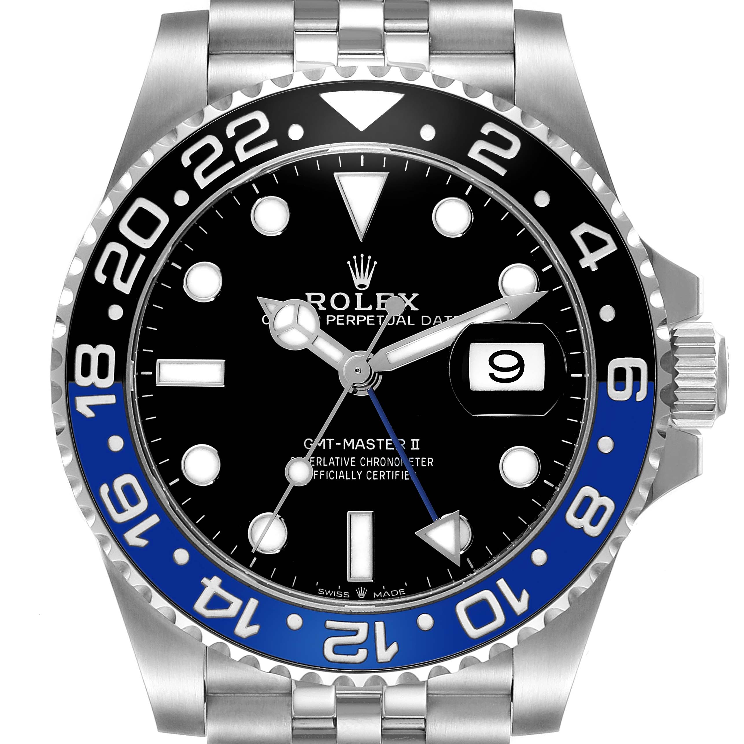 The image shows a front view of the Rolex GMT-Master 126710BLNR Men
s Stainless Steel Black Dial 126710BLNR Men
s Stainless Steel Black Dial II watch, highlighting its black and blue bezel, black dial, and date display.