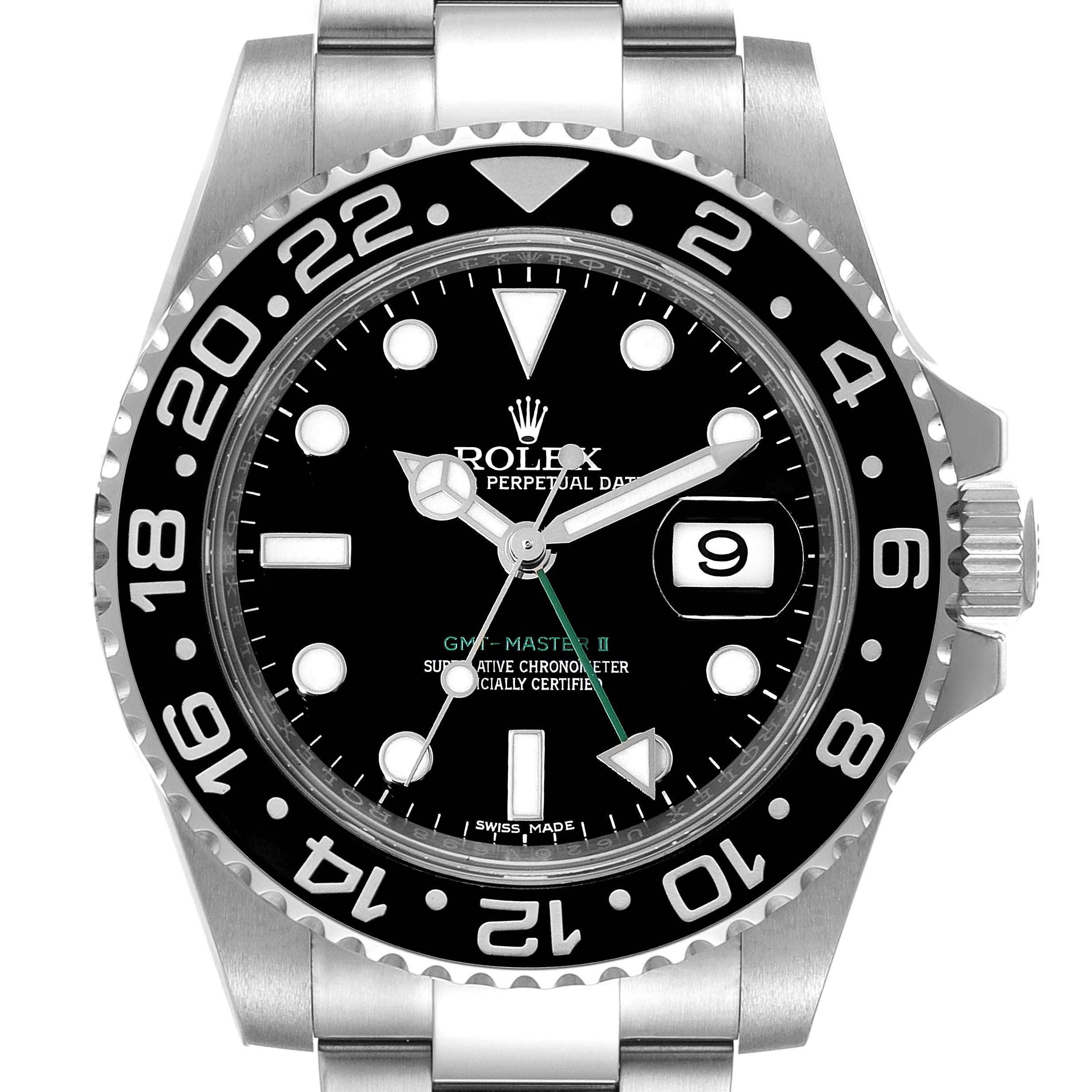 This image shows a frontal view of the Rolex GMT-Master 116710 Men
s Stainless Steel Black Dial 116710 Men
s Stainless Steel Black Dial II watch, highlighting the bezel, dial, hands, hour markers, and date window.